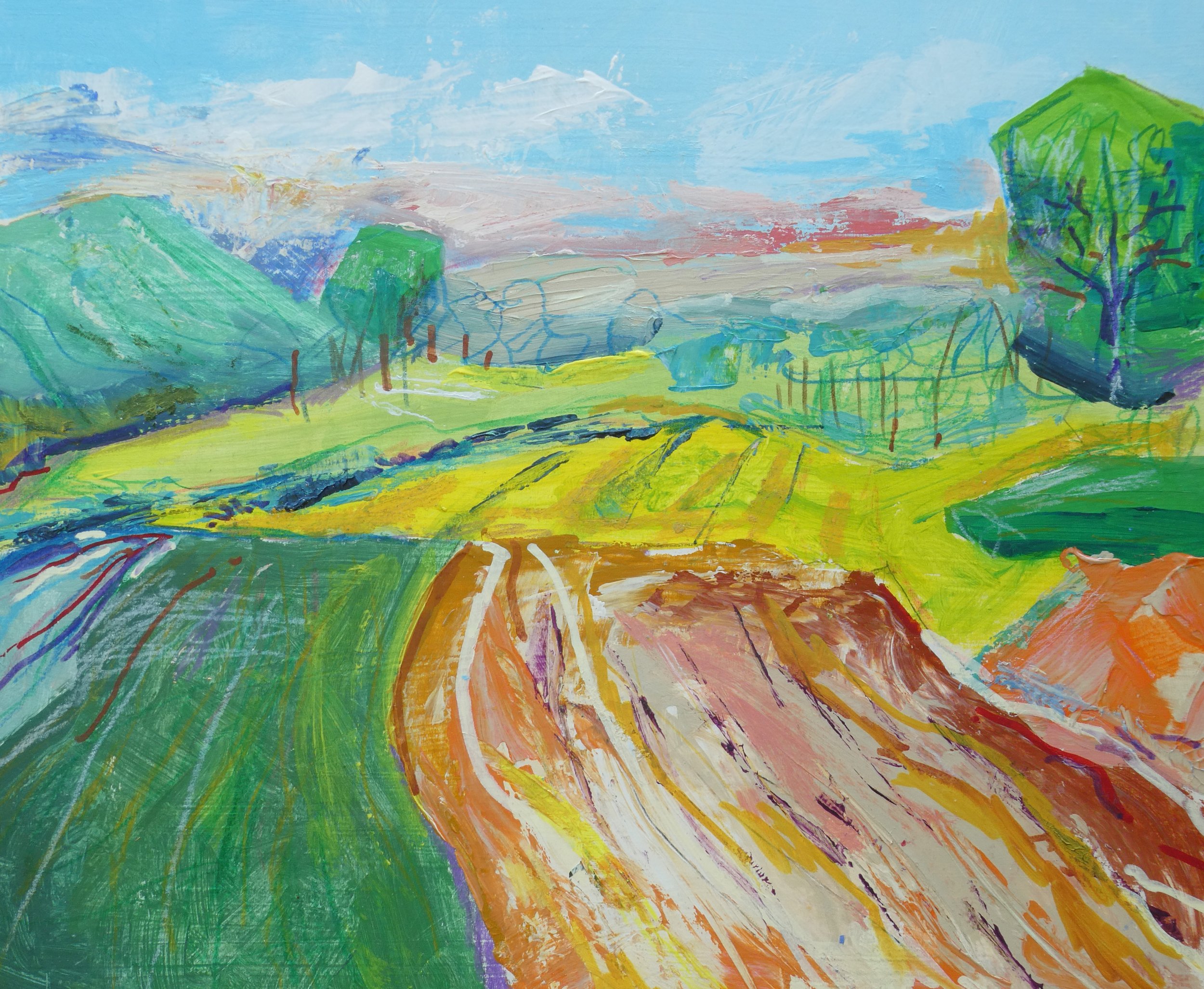 Colorful landscape painting with mountains, trees, a road, and a bright sky.