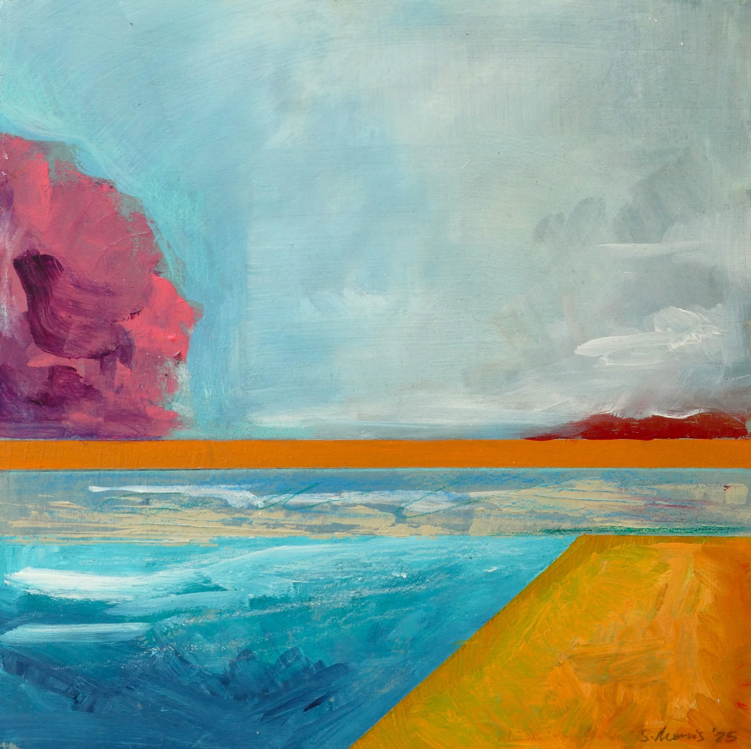 An abstract painting with blue, teal, red, yellow, and purple brushstrokes and color blending.