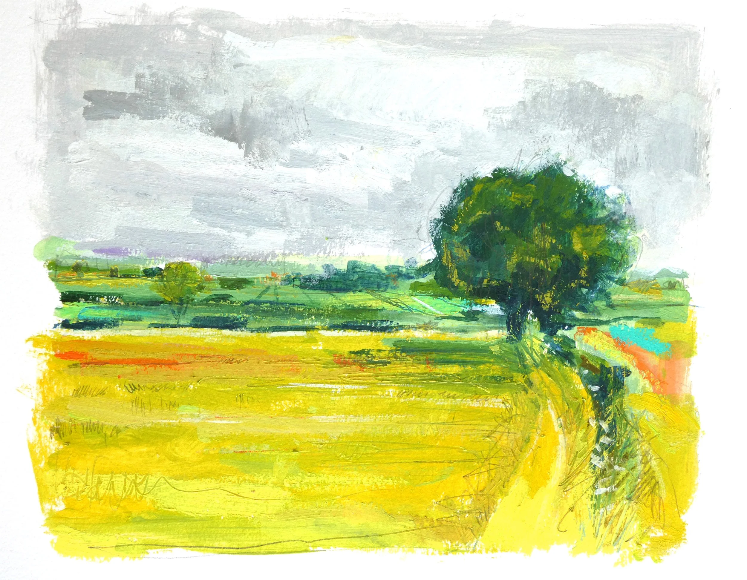 Abstract landscape painting with stormy grey sky, green fields, and a large green bush or tree on the right side.