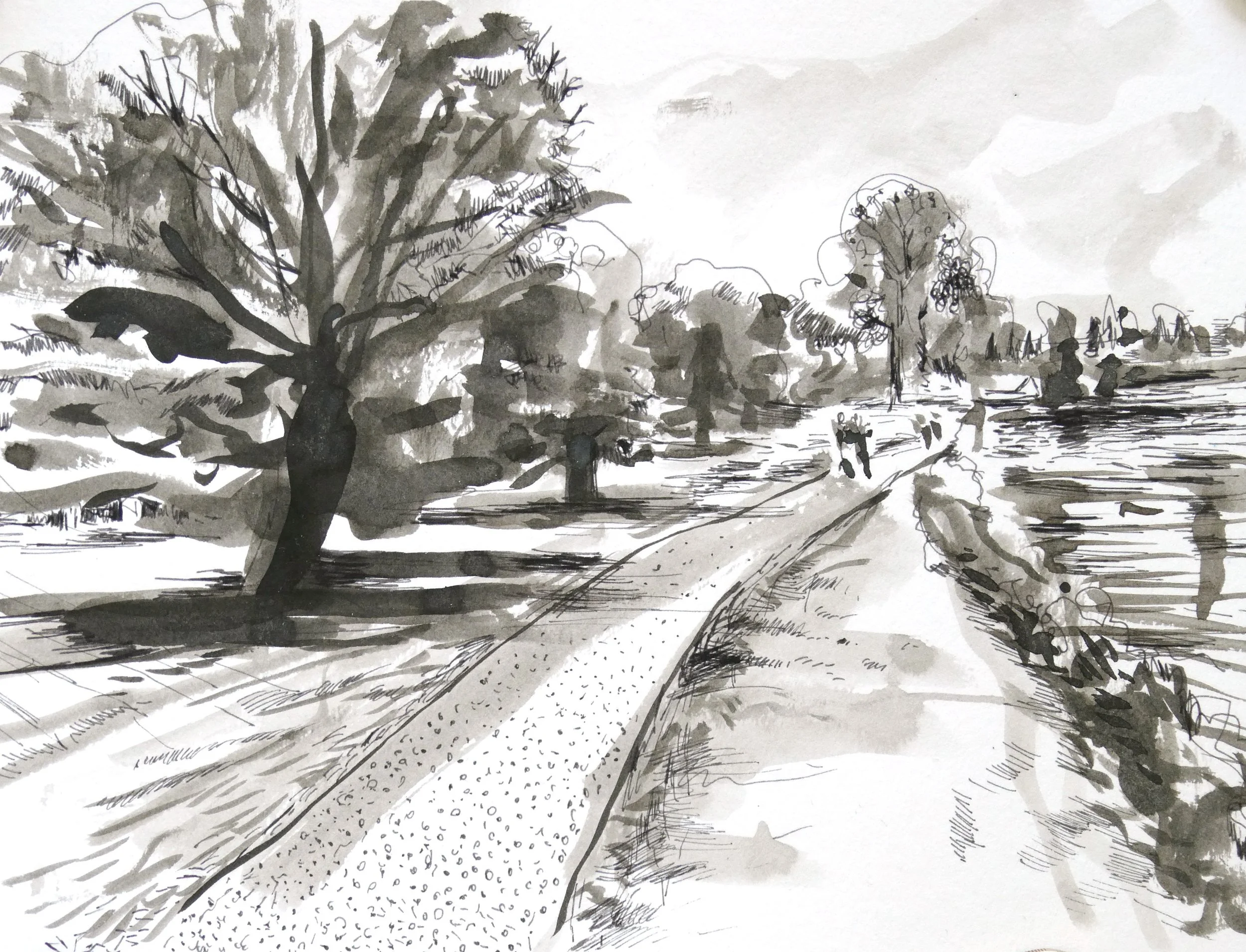 A black and white ink illustration of a rural landscape featuring trees, a gravel path, and a few people walking along the path.