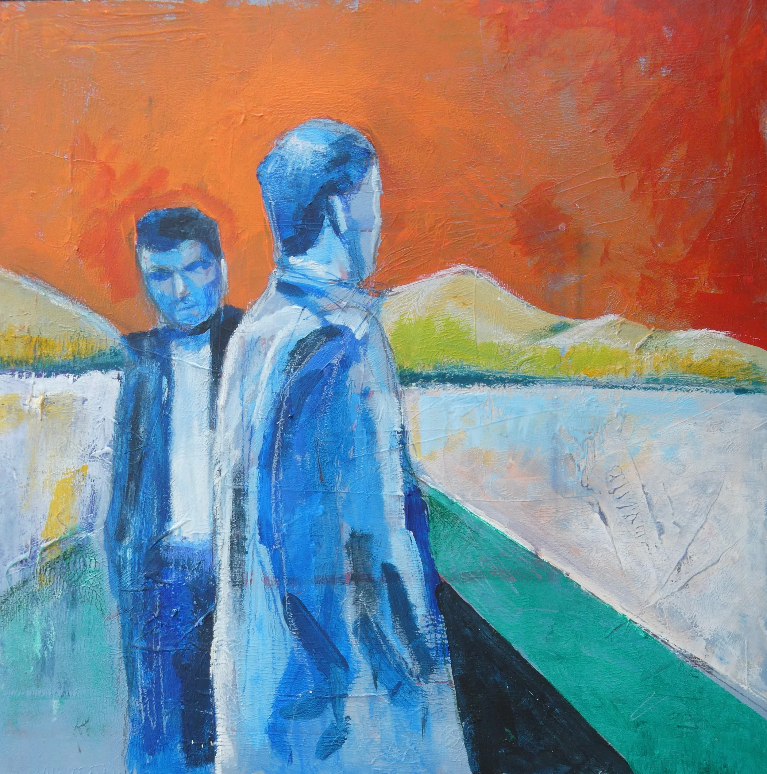 An abstract painting featuring blue and white two-faced figures against a vibrant orange and multicolored background.