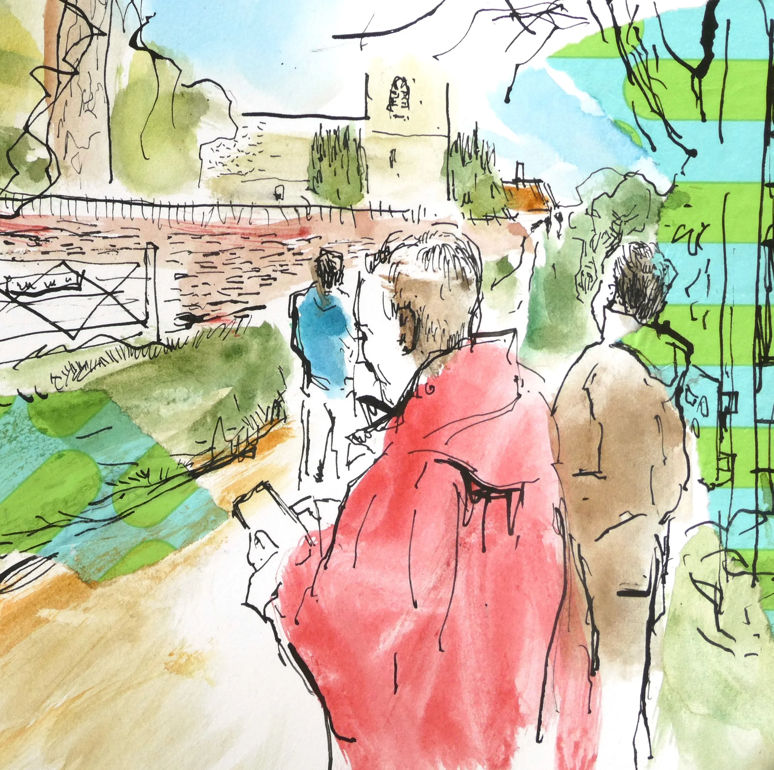 A colorful watercolor painting depicting a scene with trees, a church building, and a few people in a park-like setting with green grass, blue sky, and other natural elements.