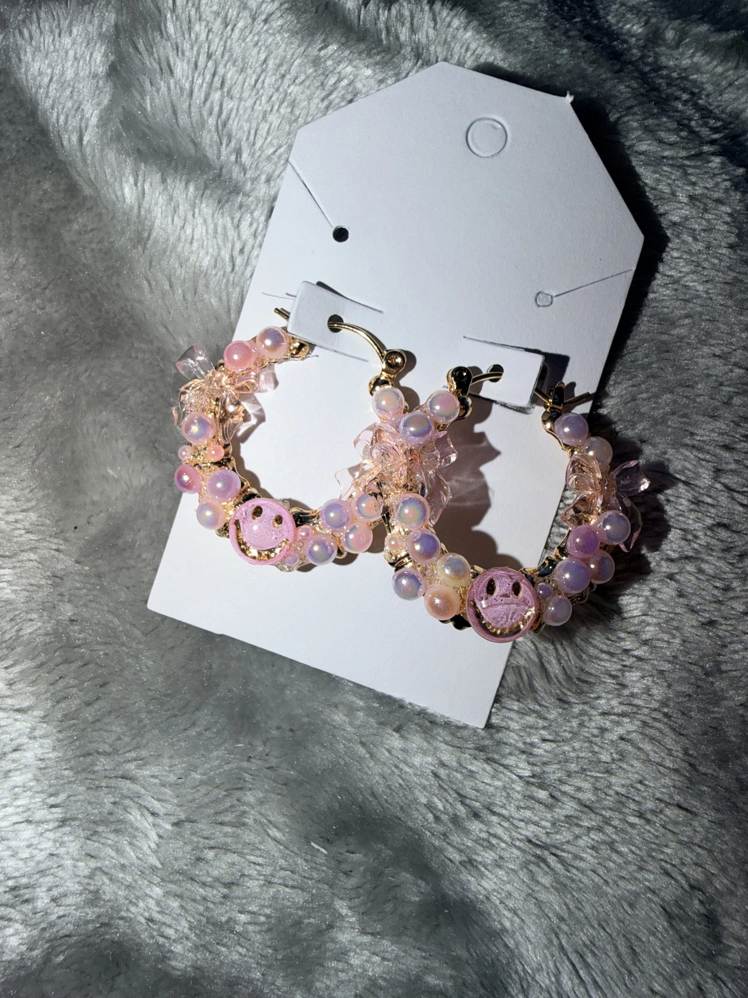 Pink Smiley Pearl Hoop Earrings