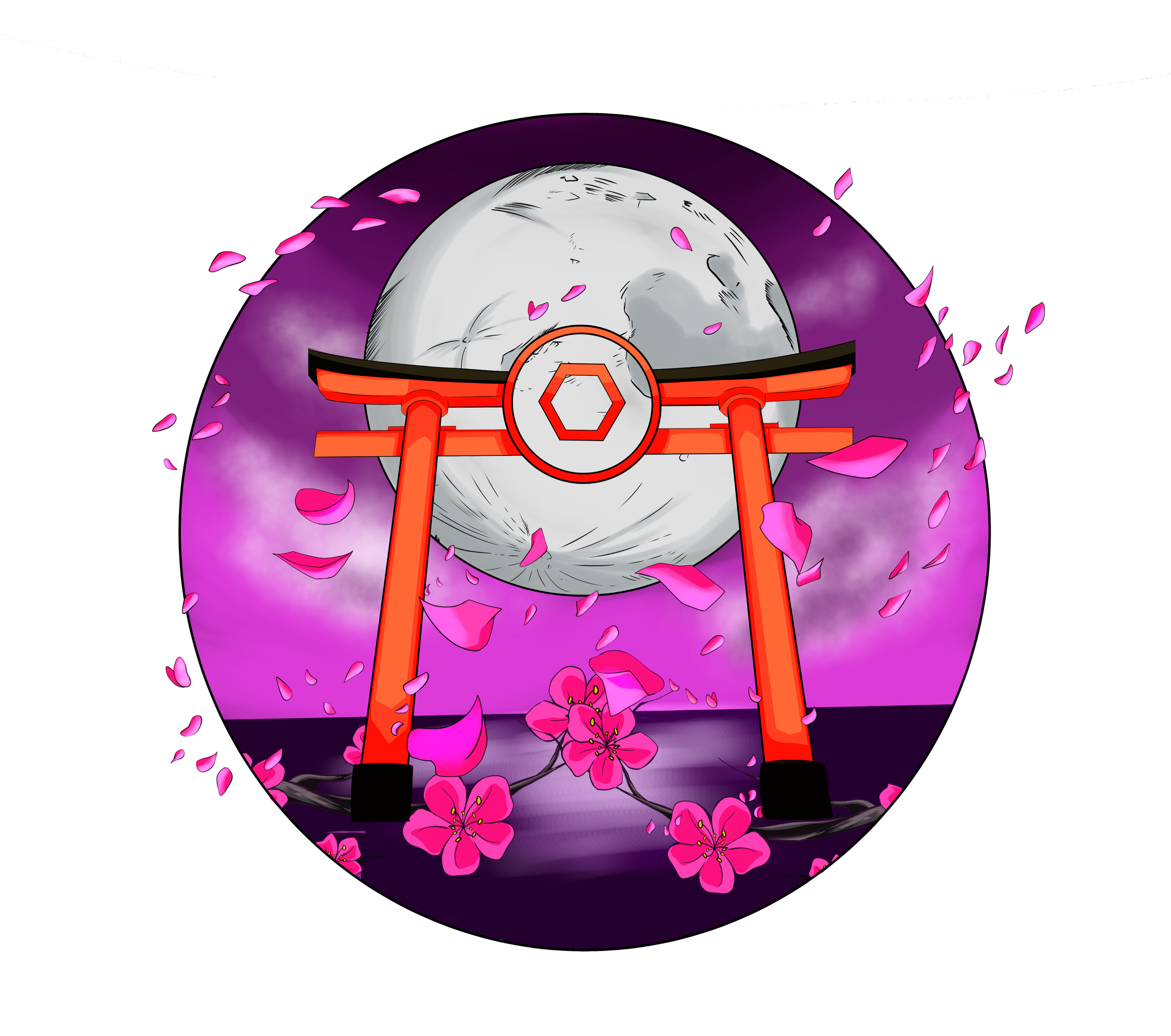The image features a stylized illustration of the moon with pink cherry blossom petals scattered around it. In front of the moon, there is a red torii gate with a central emblem, set against a purple and black background, evoking a night scene with a mystical, Japanese-inspired ambiance.