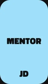 Blue badge with black text reading "MENTOR" and "JD"