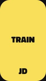 Yellow train ticket with black text reading 'TRAIN' and 'JD'.