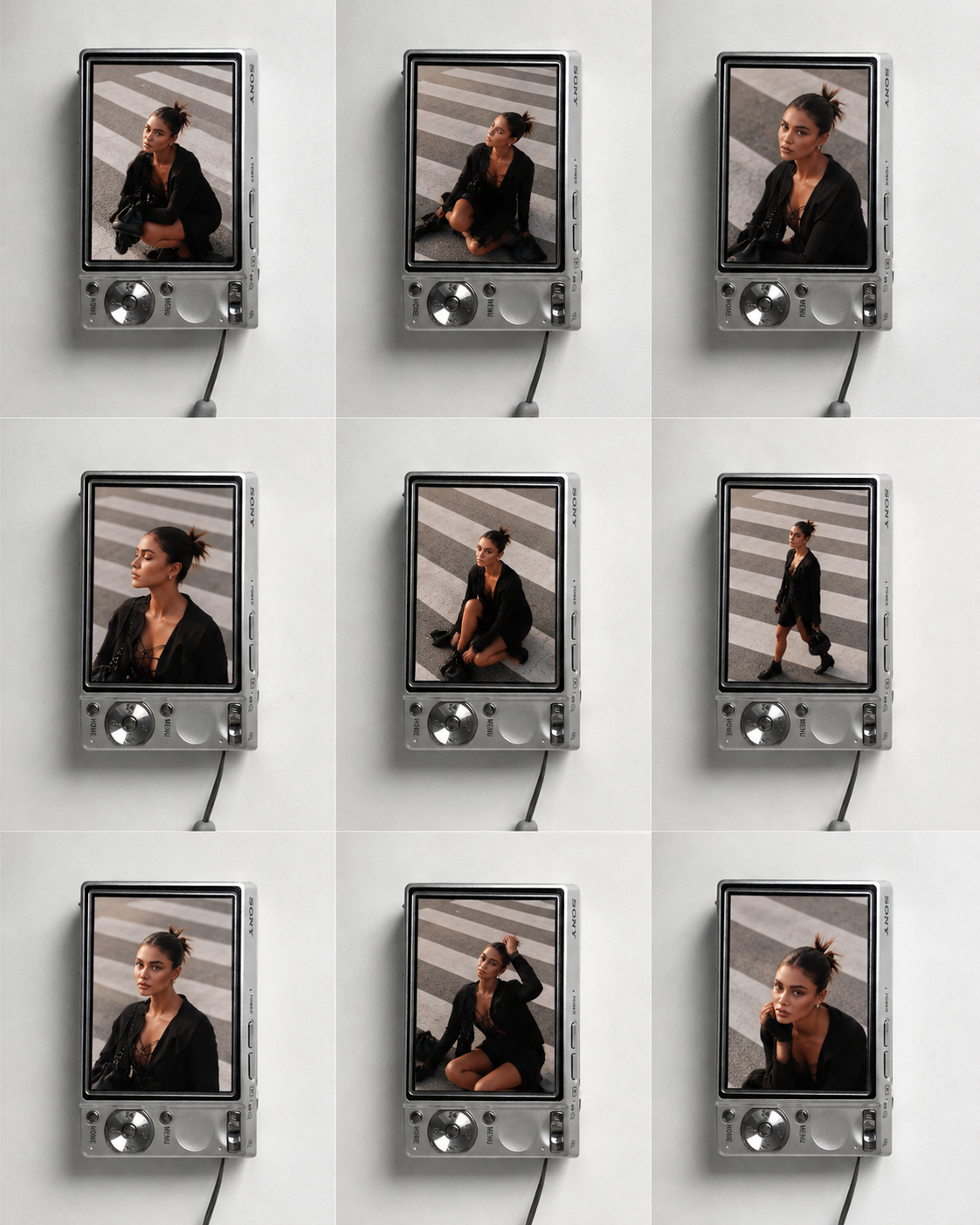 Top view of a camera displaying a woman in different poses, sitting and walking on a pedestrian crosswalk, wearing a black outfit and holding a black bag.