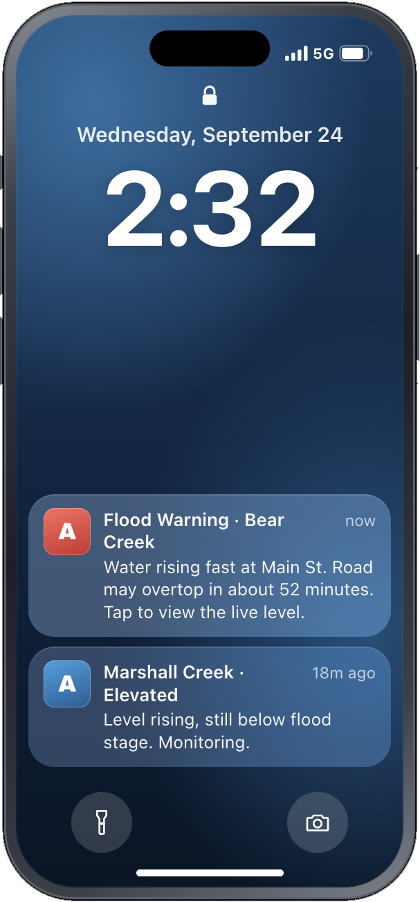 Smartphone screen displaying flood alerts for Bear Creek and Marshall Creek, with the time 2:32 and the date September 24.
