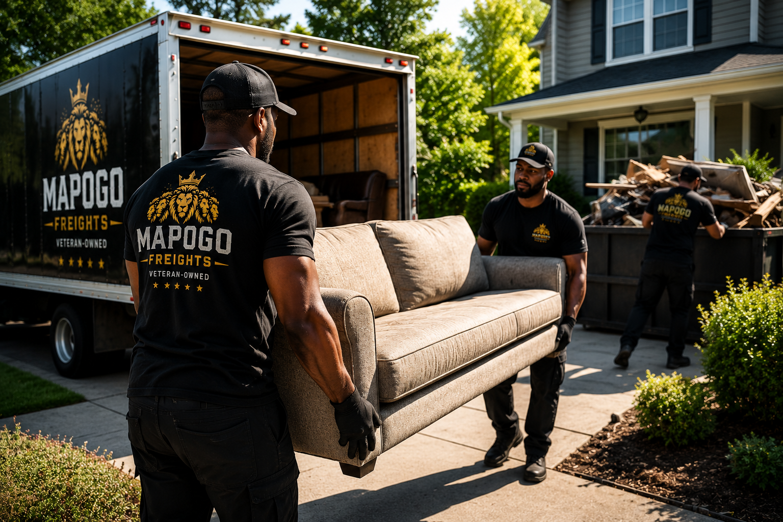 Three members of the moving company, all wearing black shirts with the "MAPOGO FREIGHTS" logo, are carrying a beige sofa out of a house. One man is at the front, holding the sofa, and two others are behind, unloading or preparing to move another piece of furniture or boxes. There is a moving truck in the background with its side door open, filled with furniture and boxes.