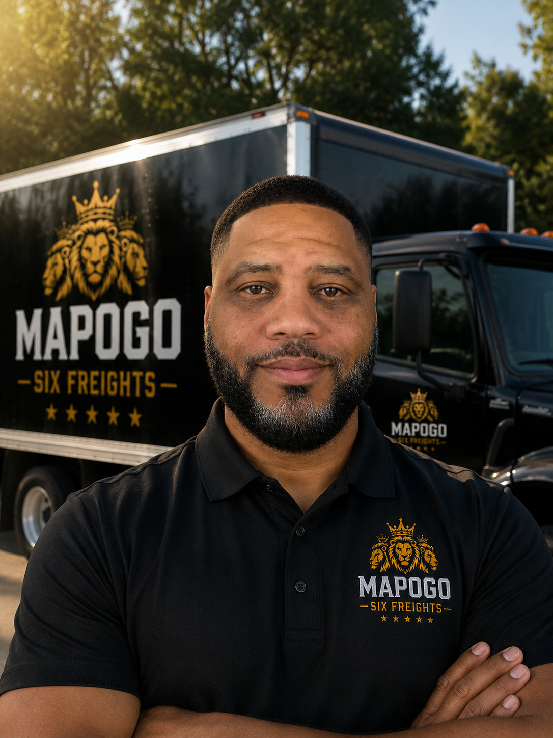 A man with a beard and short hair standing in front of a black moving truck with the logo and text 'MAPOGO SIX FREIGHTS' and a lion with a crown. He is wearing a black polo shirt with the same logo.