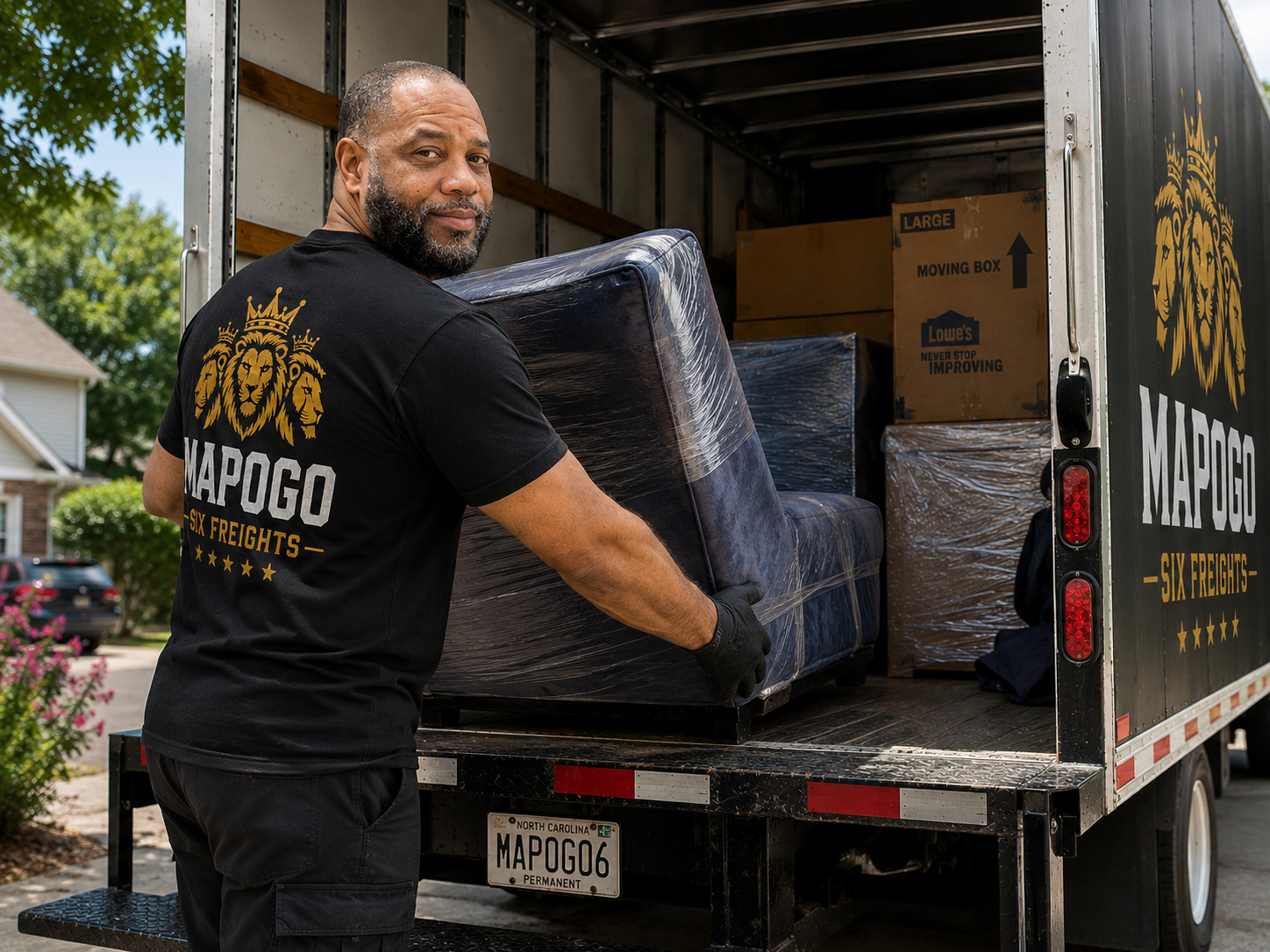 A man loading furniture into a moving truck, wearing a black T-shirt with the logo 'MAPOGO SIX FREIGHTS' on the back. The truck is parked in a residential area, and the boxes inside have various labels.