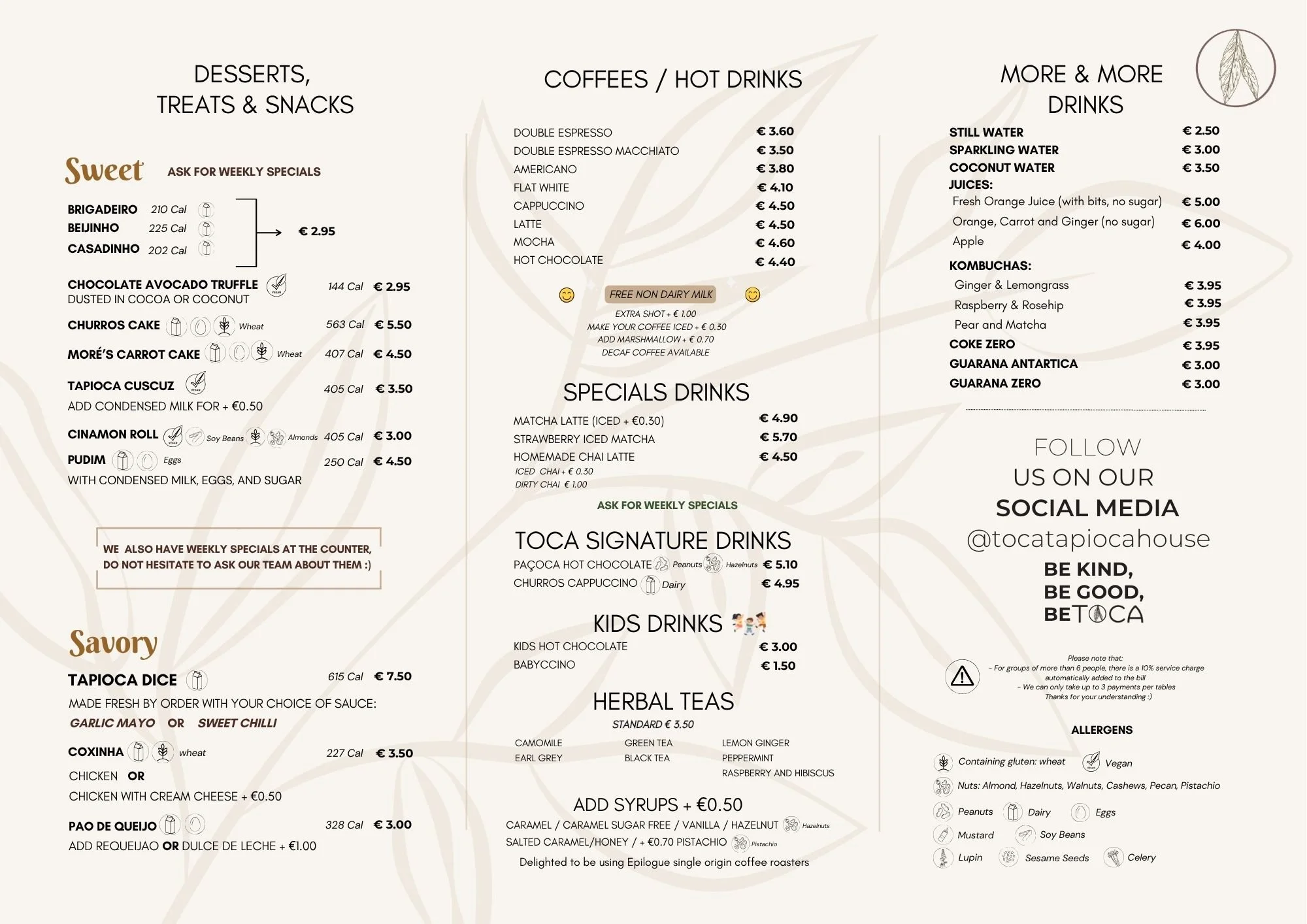 Menu featuring coffee, hot drinks, desserts, treats, snacks, and beverages with prices listed in euros.