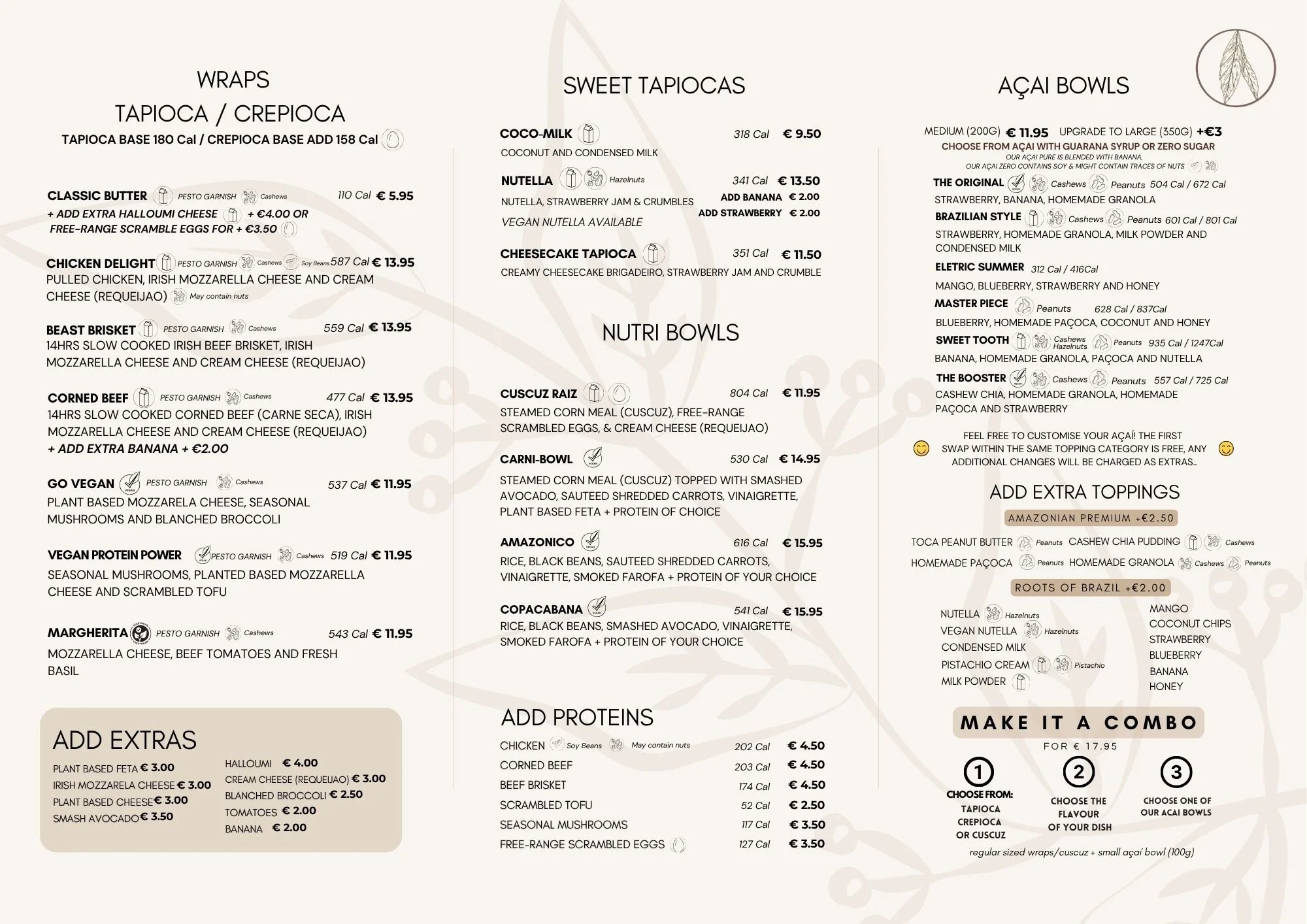 Image of a menu featuring various types of wraps, bowls, and proteins with descriptions and prices.