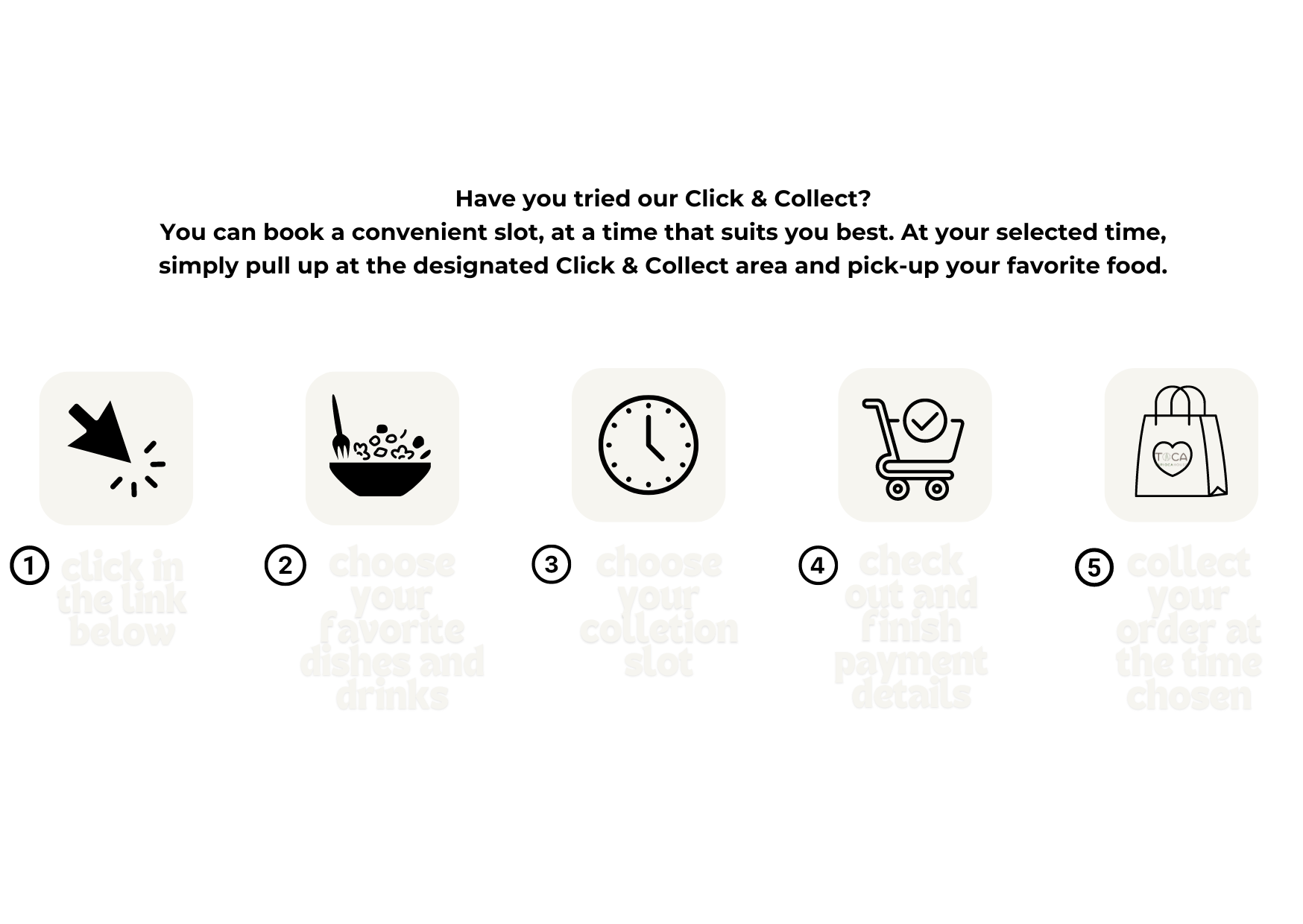 Steps for ordering food online: click the link below, choose your favorite dishes and drinks, select your collection slot, review and finish payment details, then collect your order at the scheduled time.