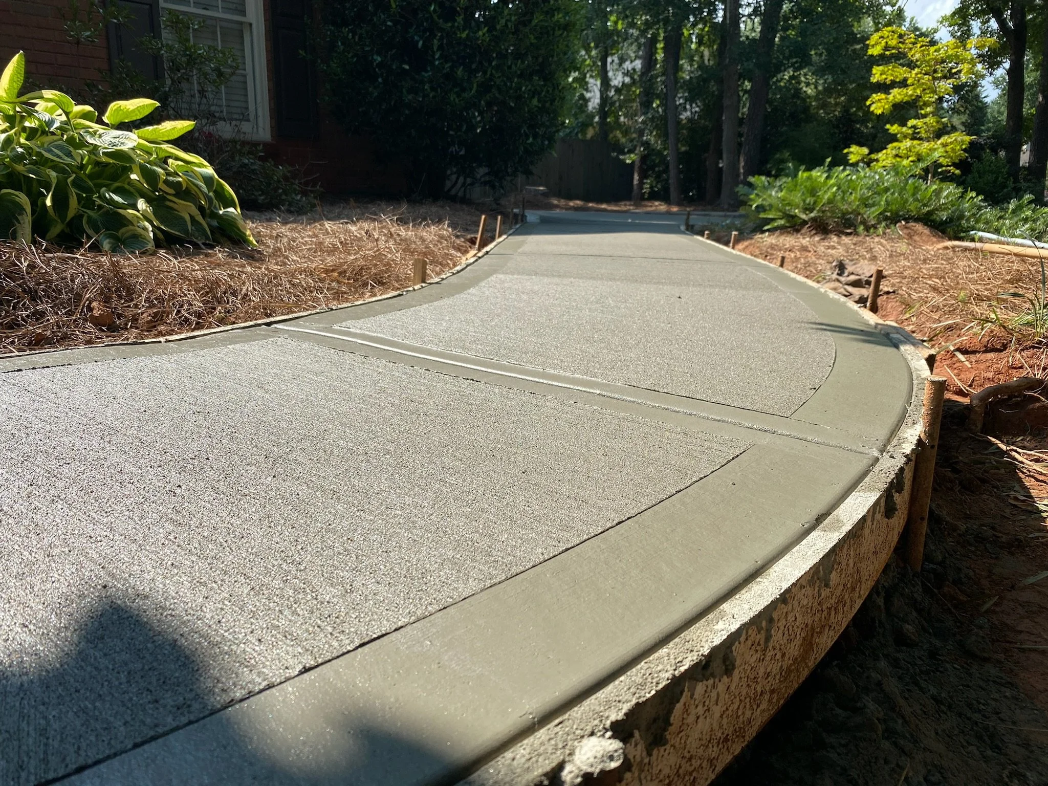 Freshly poured concrete sidewalk with a smooth surface, bordered by garden beds with green plants and a house with siding in the background.