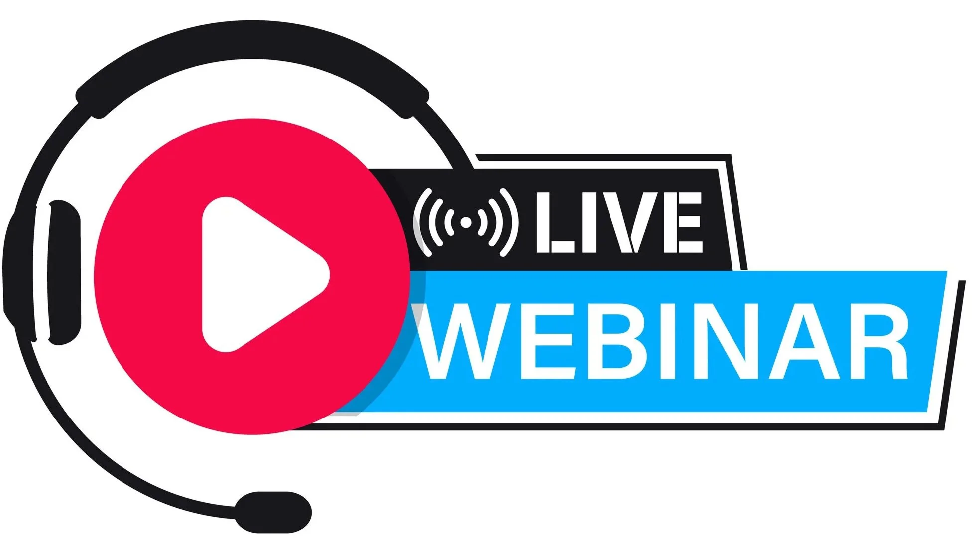 A graphic with a large red play button inside a black circle, a black headset, and the words "LIVE WEBINAR" in white text on a blue background, indicating a live online seminar.