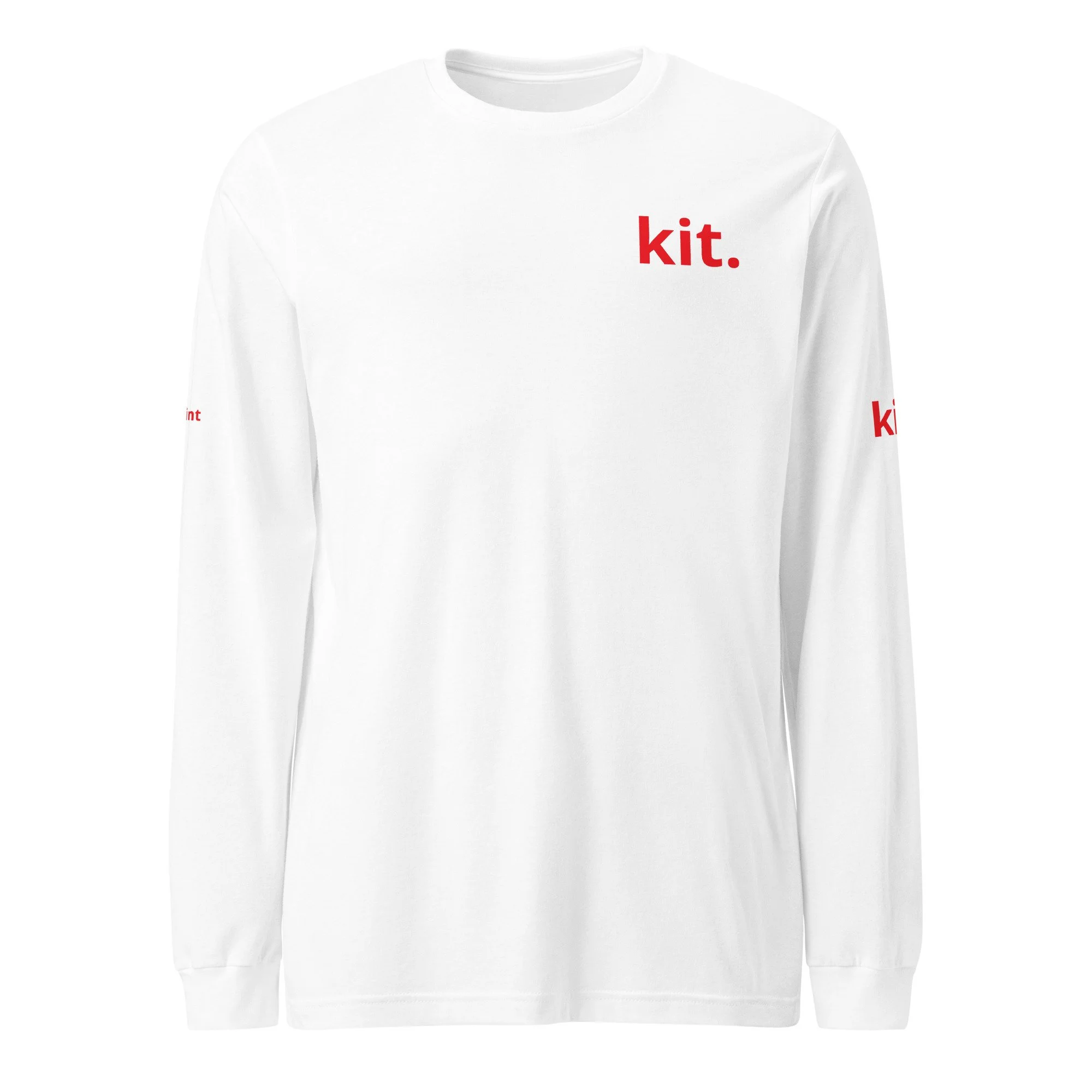 White long-sleeve shirt with red text saying 'kit.' on the chest
