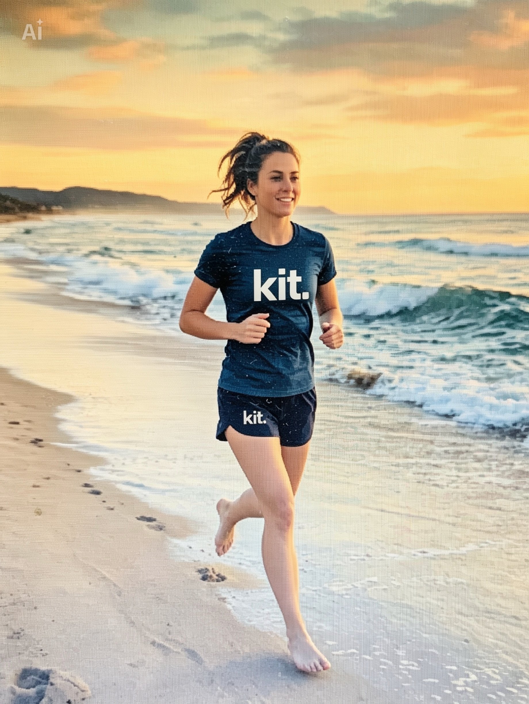 A woman running barefoot on the beach during sunset, wearing a navy blue T-shirt and shorts with the word 'kit.' on them.