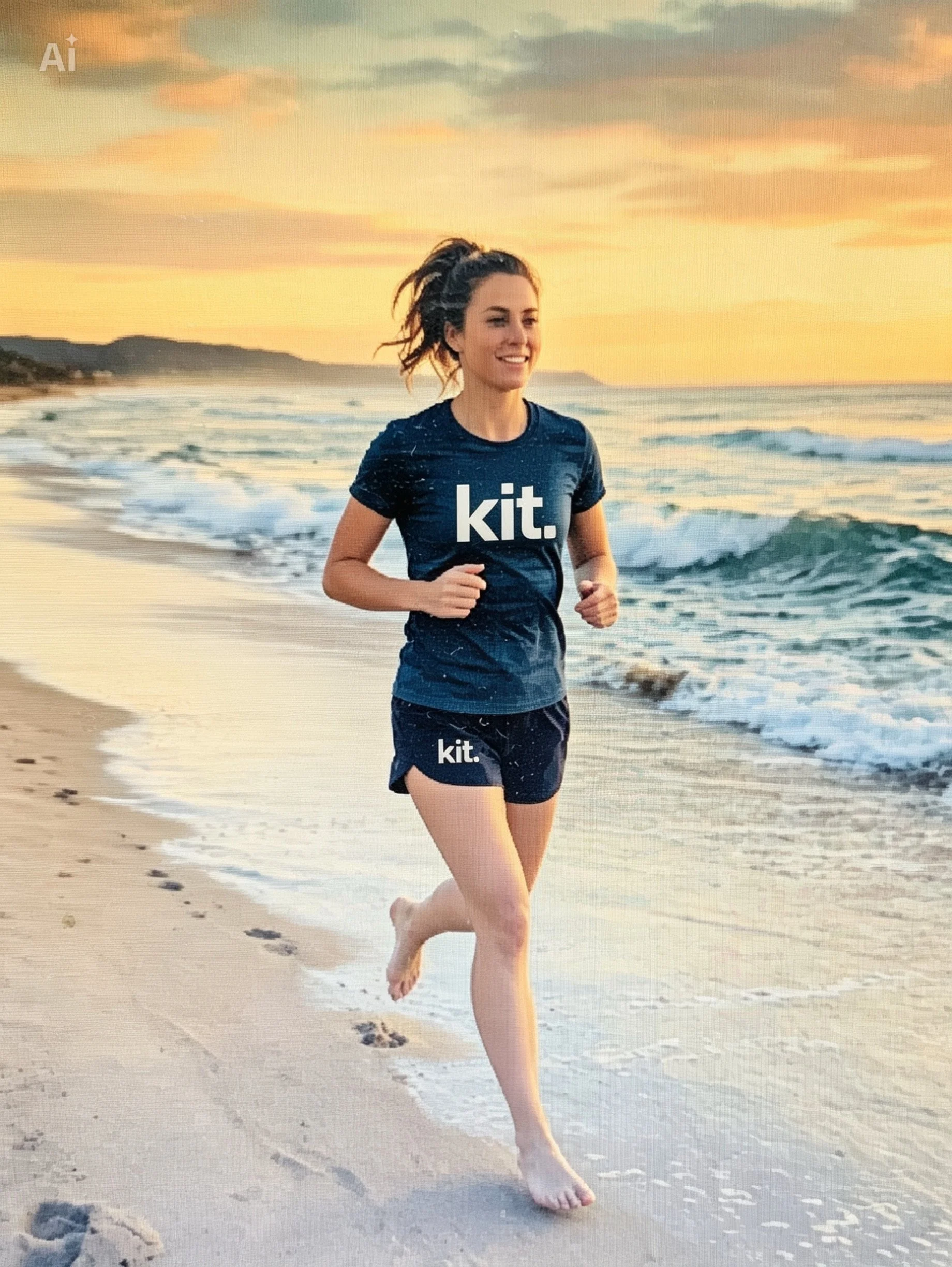 A woman jogging on a beach at sunset, smiling, with the ocean in the background.
