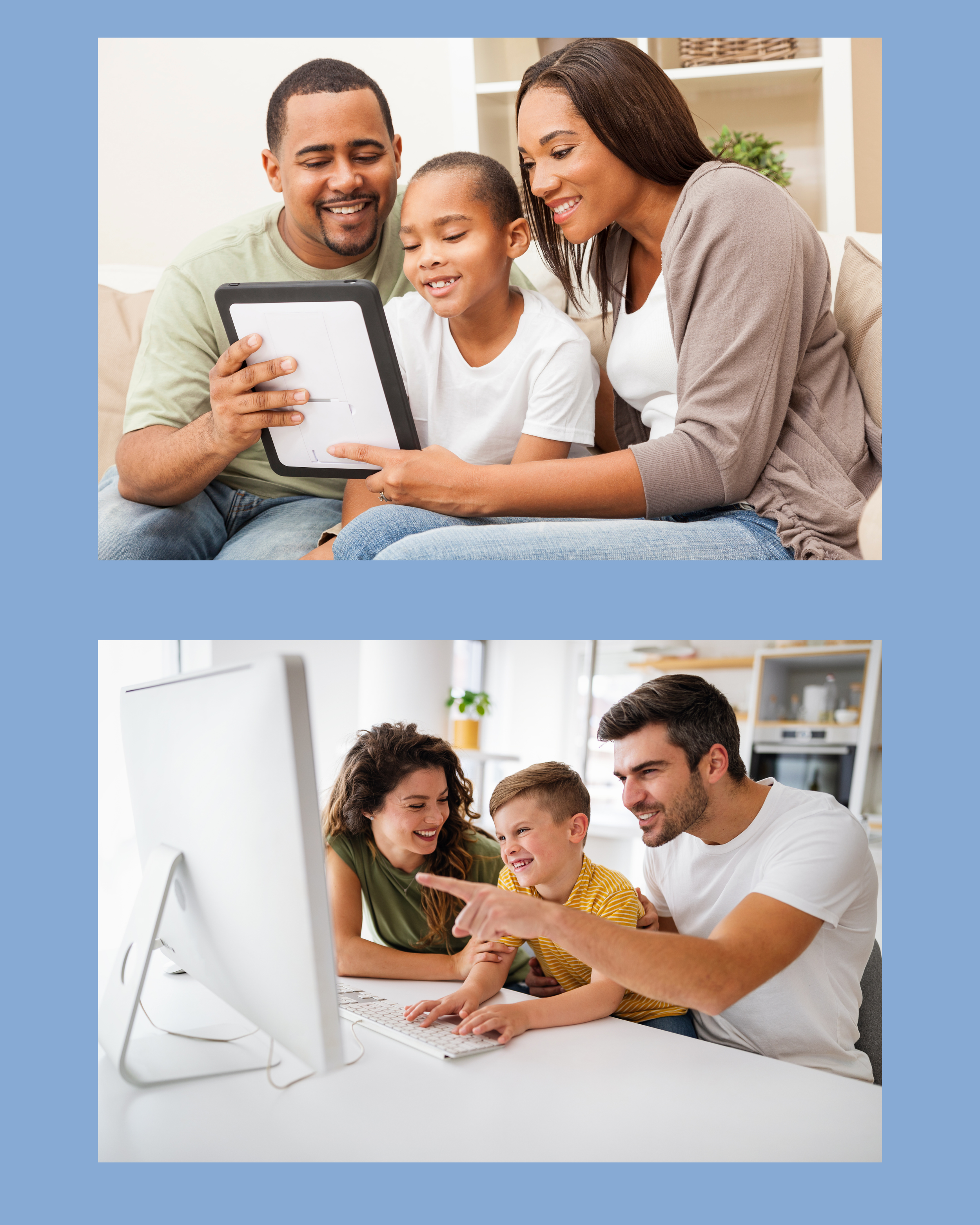 A family of four, including a man, woman, and two children, sitting together in front of a computer, smiling and engaging with each other.