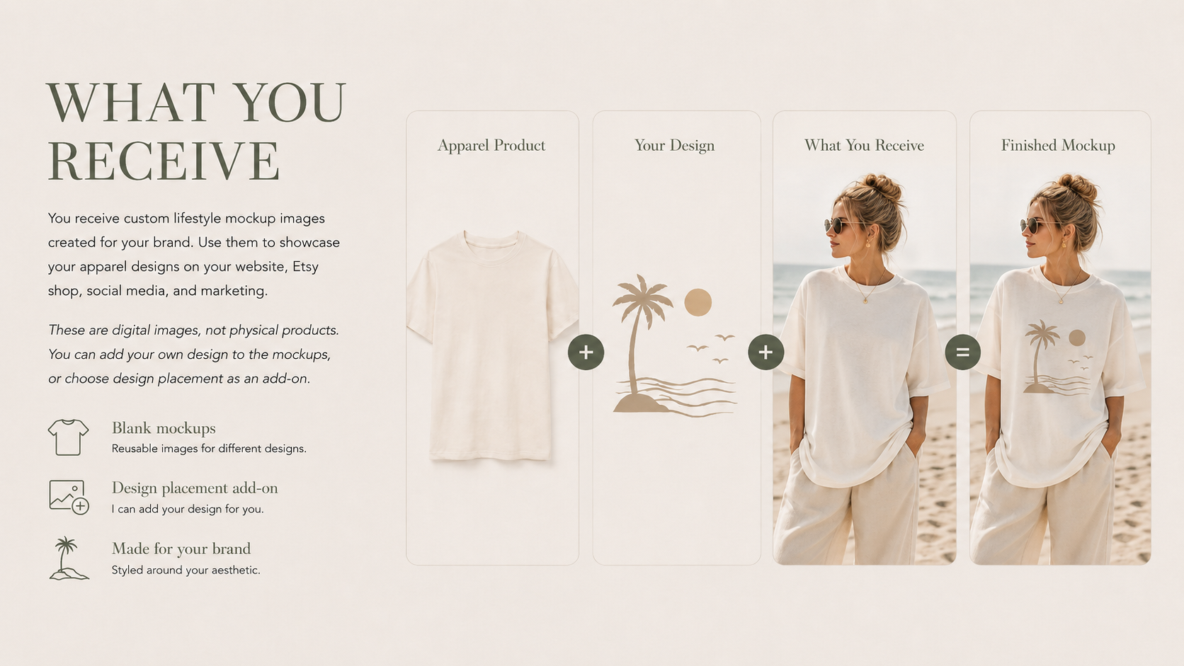Mockup of a white t-shirt displaying a beach scene with a palm tree, sun, and birds, illustrating the process of adding a design onto apparel for a lifestyle brand.