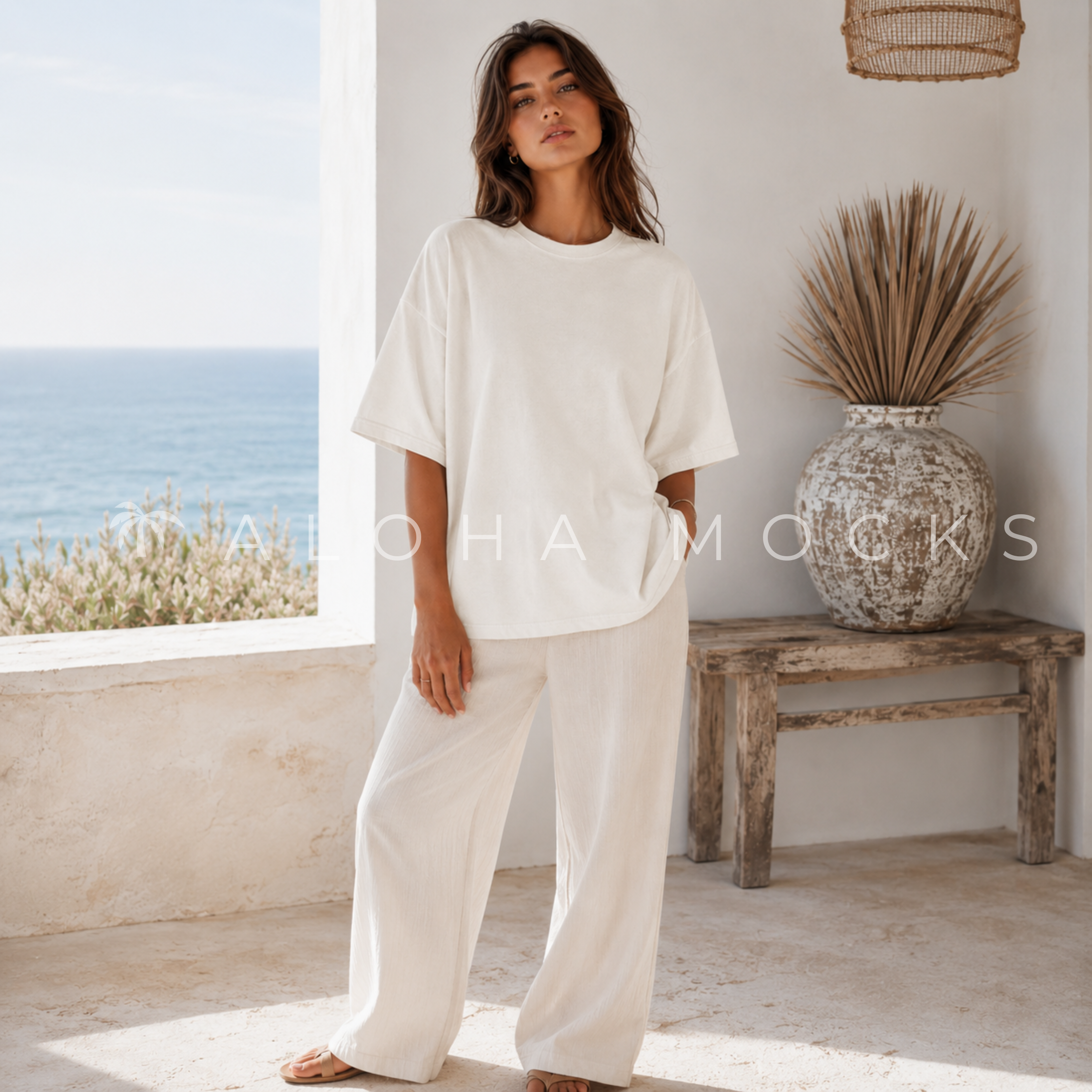Woman wearing a beige oversized T-shirt and beige wide-legged pants standing indoors near a large pottery vase with dried palm leaves, with ocean view and bright natural light.