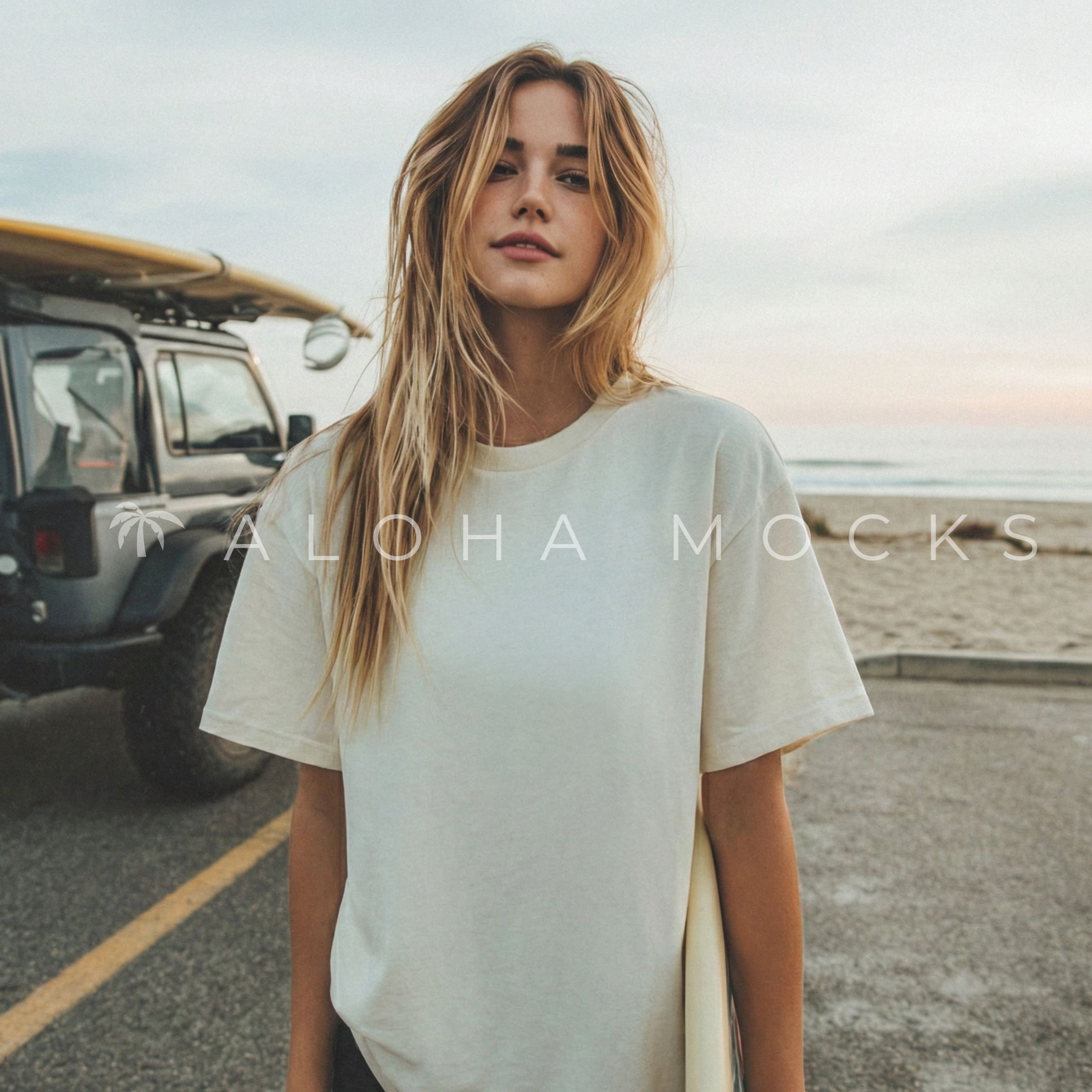 A young woman with long blonde hair standing near a beach, holding a surfboard, with a vehicle and cloudy sky in the background.