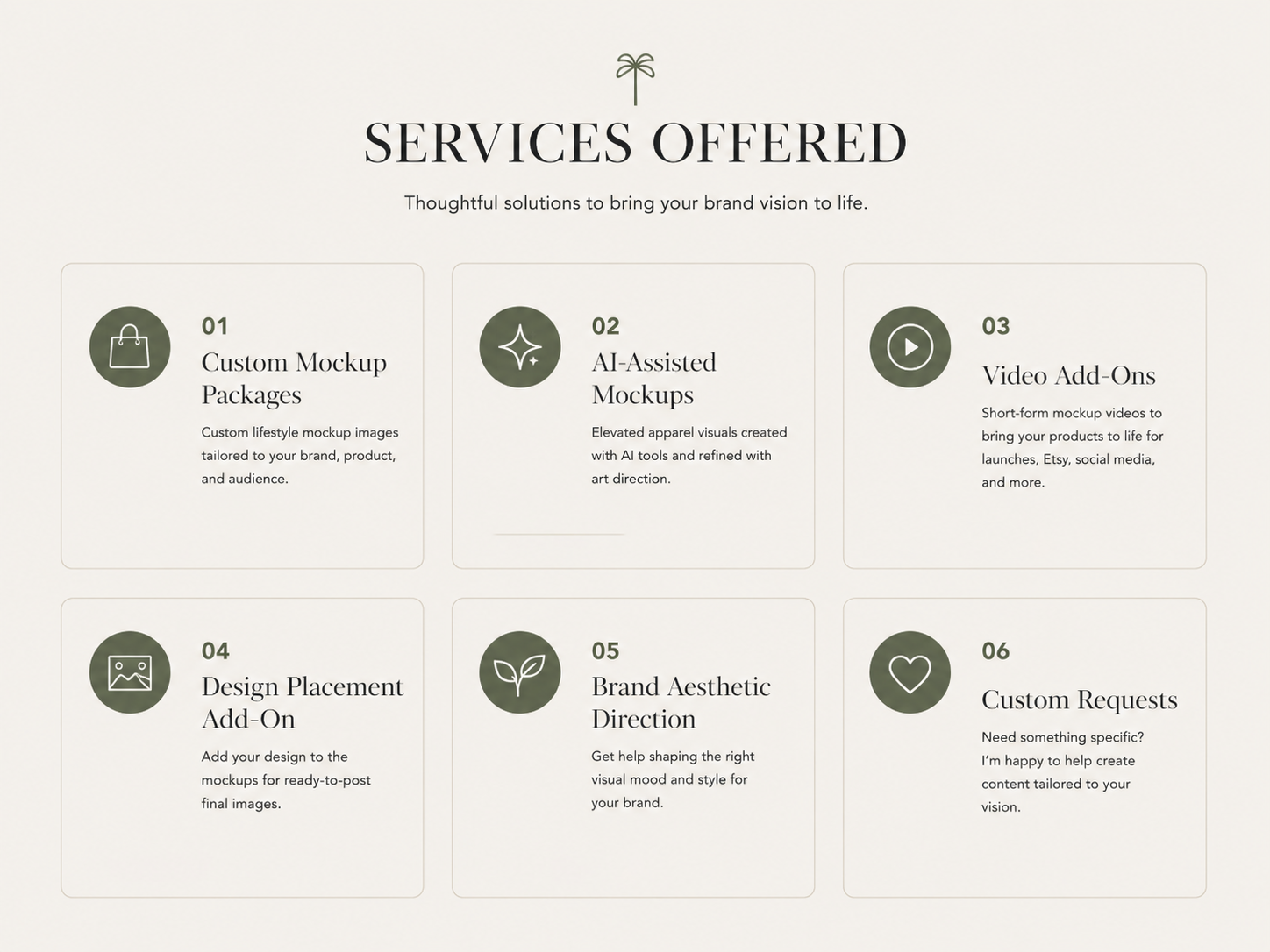 A webpage showcasing six services offered, each in a rectangular box with an icon, number, title, and description. The services include Custom Mockup Packages, AI-Assisted Mockups, Video Add-Ons, Design Placement Add-On, Brand Aesthetic Direction, and Custom Requests.