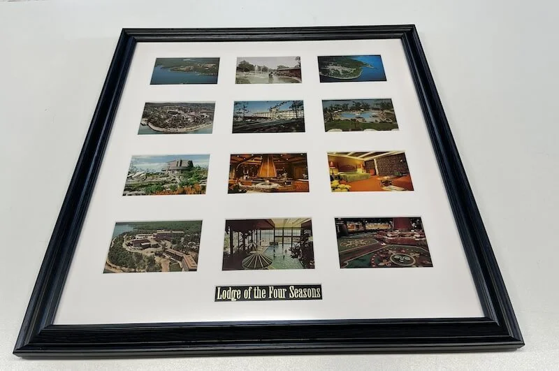 A framed photo collage featuring twelve images of a resort, titled "Lodge of the Four Seasons."
