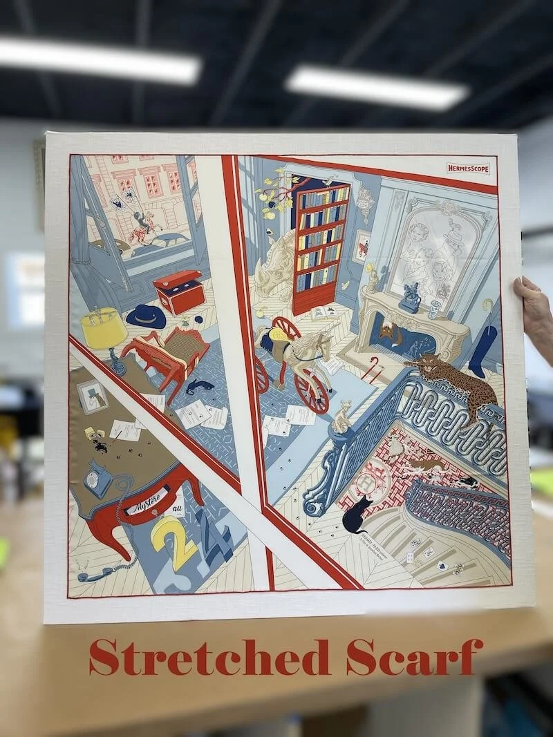 Illustration of a multi-room house divided into four sections, each with various objects and animals, and the title "Stretched Scarf" at the bottom.