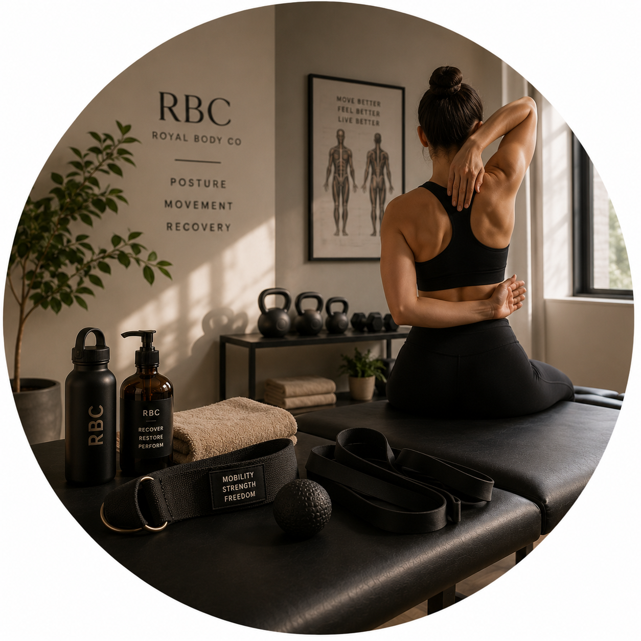 A woman practicing yoga on a treatment table in a fitness or therapy room with fitness equipment, bottles, and motivational posters.