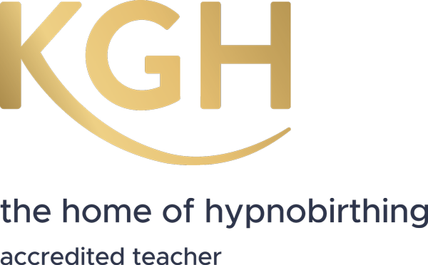 KGH logo with gold text and a stylized swoosh, and text reading "the home of hypnobirthing accredited teacher" in smaller blue and black font.