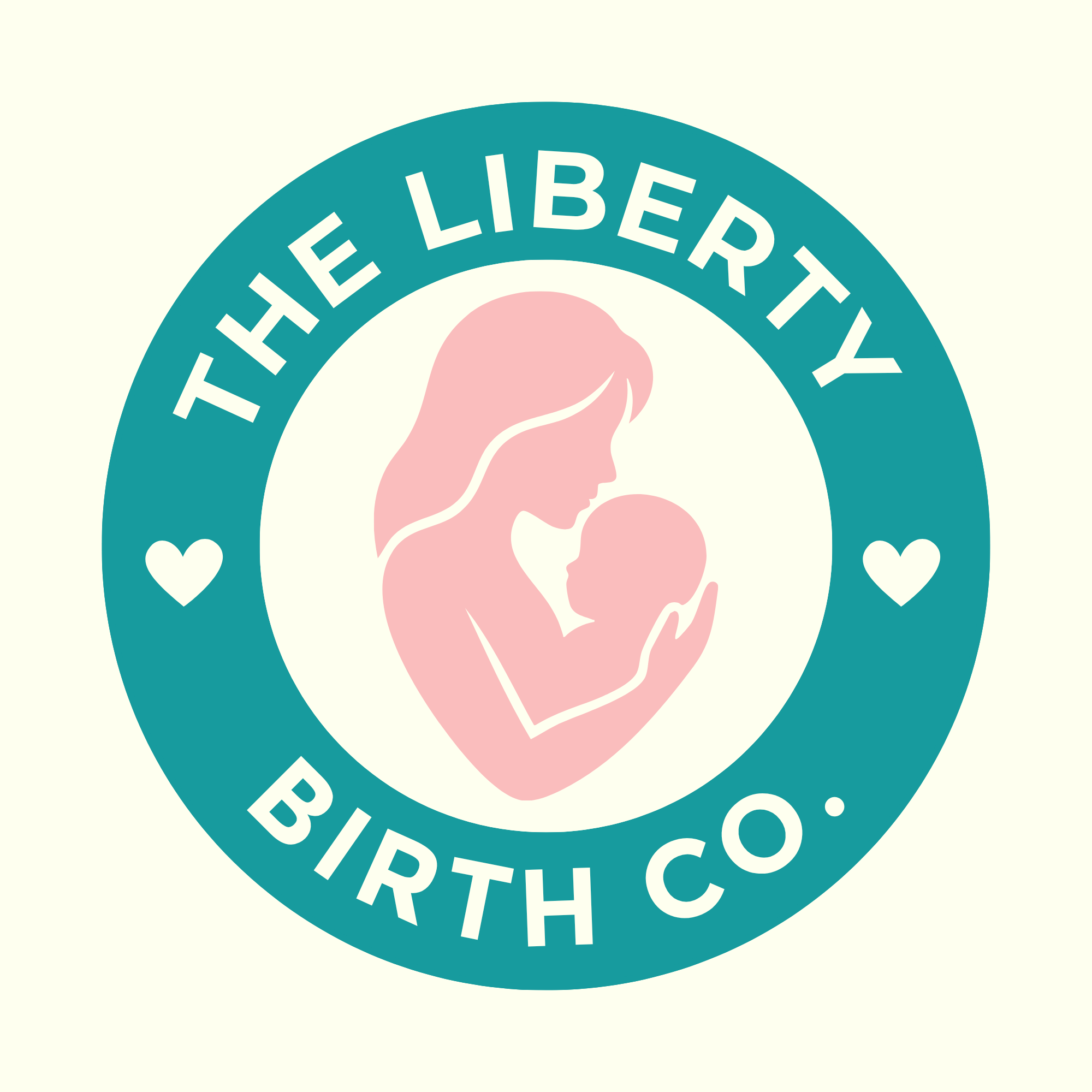 Circle logo with a mother's silhouette holding a newborn, surrounded by the words "The LIBERTY BIRTH CO." and two hearts