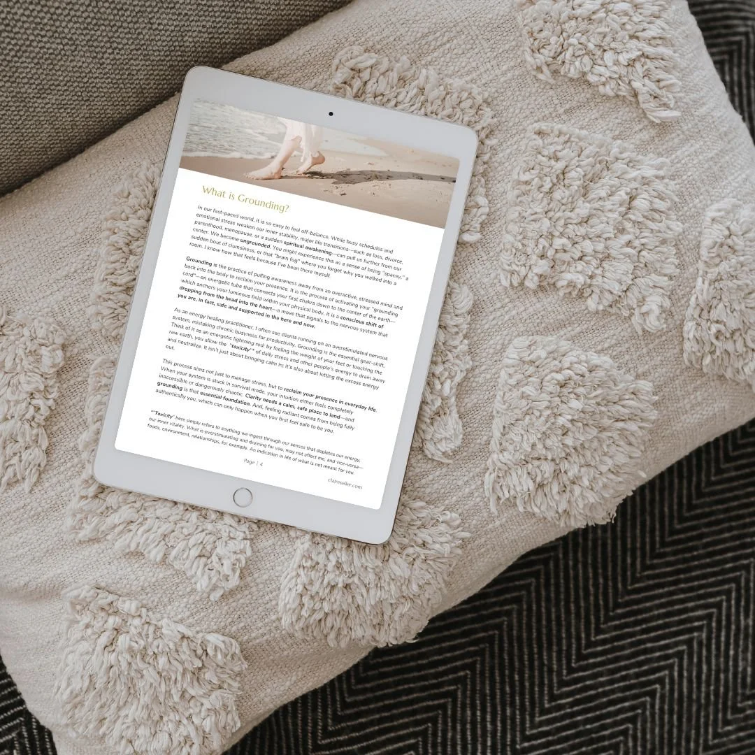 Close-up iPad mockup displaying an inner page of the Rooted and Radiant digital grounding guidebook, resting on a textured creamy beige cushion for a spiritual lifestyle shop.