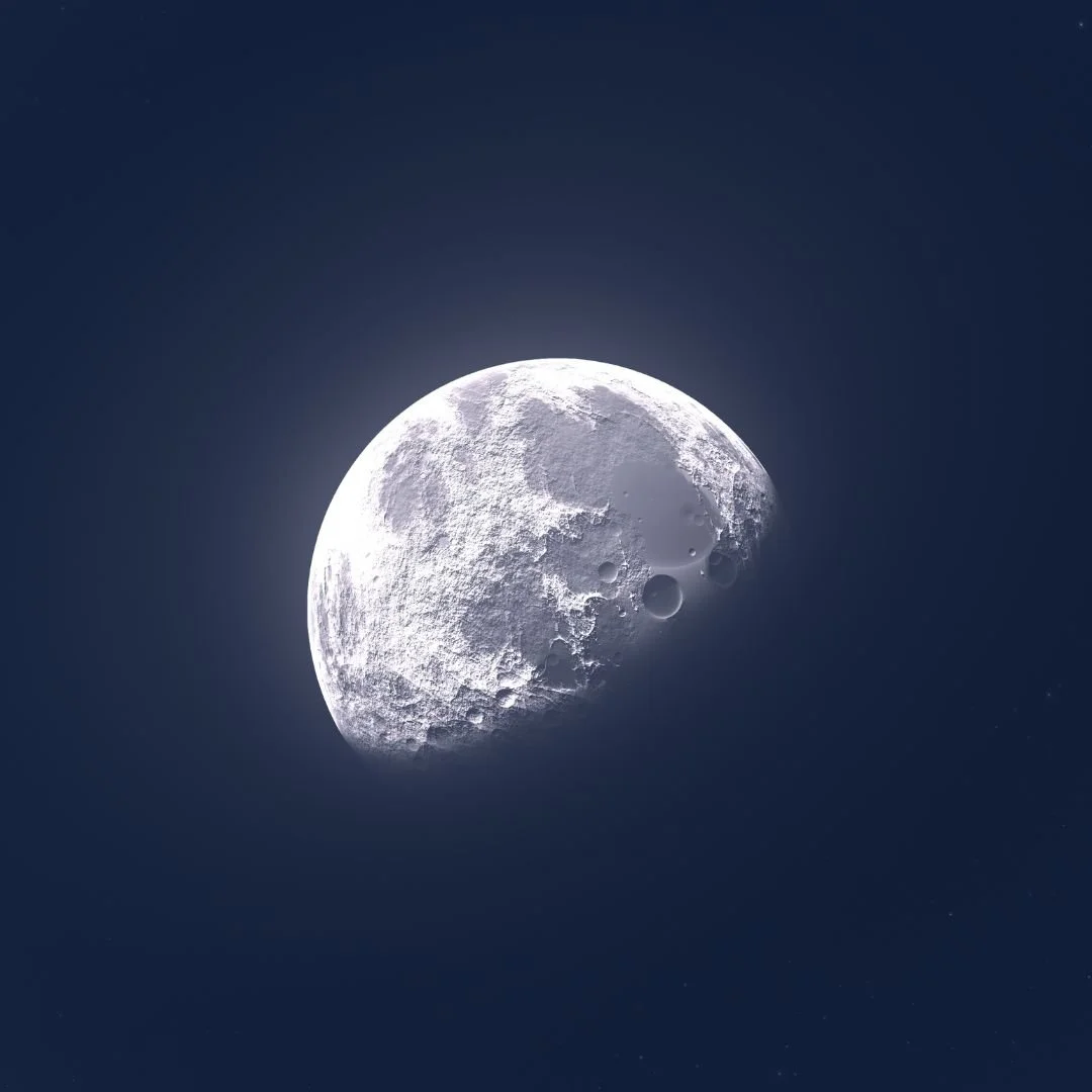 A close-up photograph of a three-quarter moon with a soft focus and gentle glow against a dark charcoal background, representing cyclical living for a virtual women's lunar circle community.