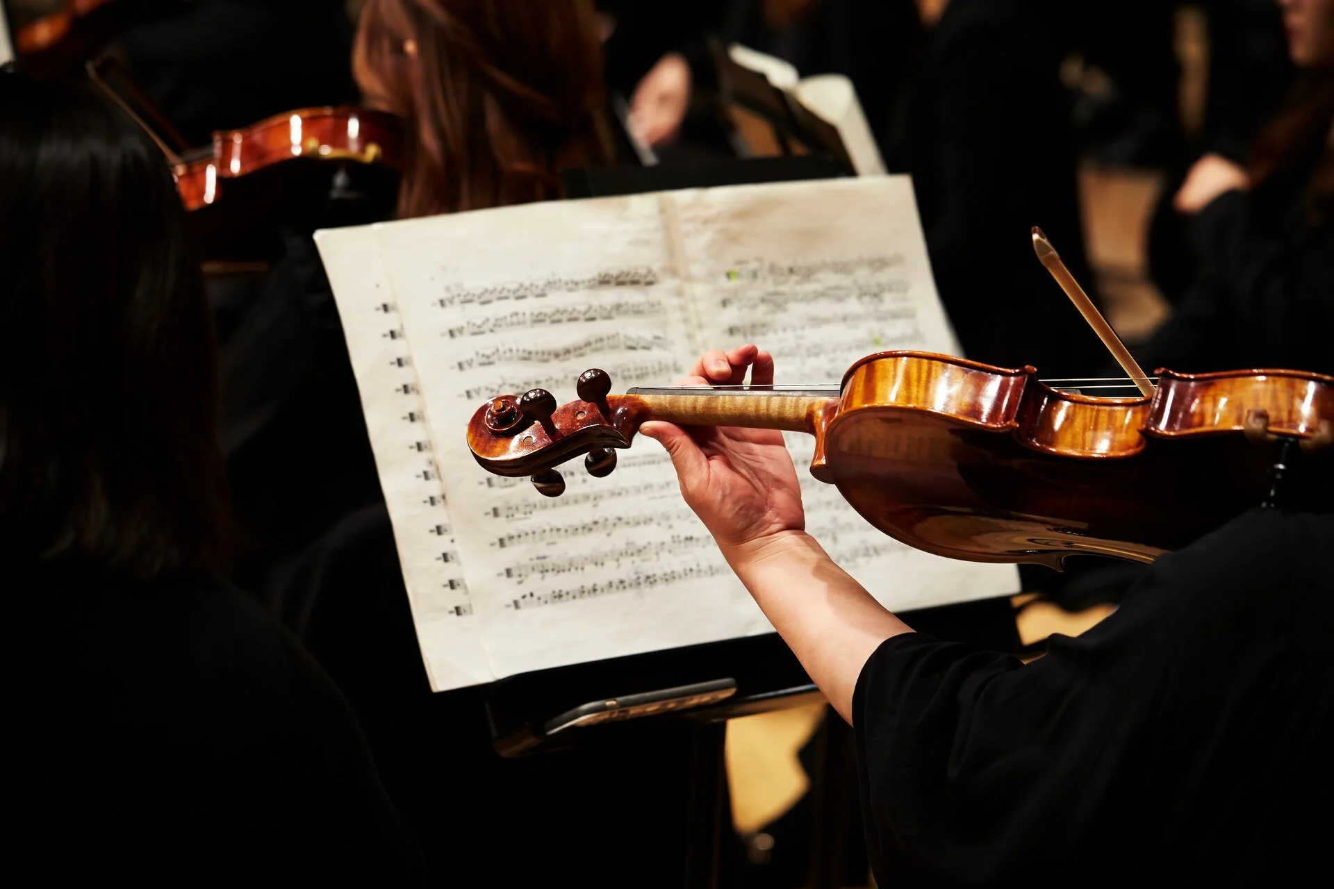 A musician holding a violin behind a music stand, with sheet music, during an orchestra performance.