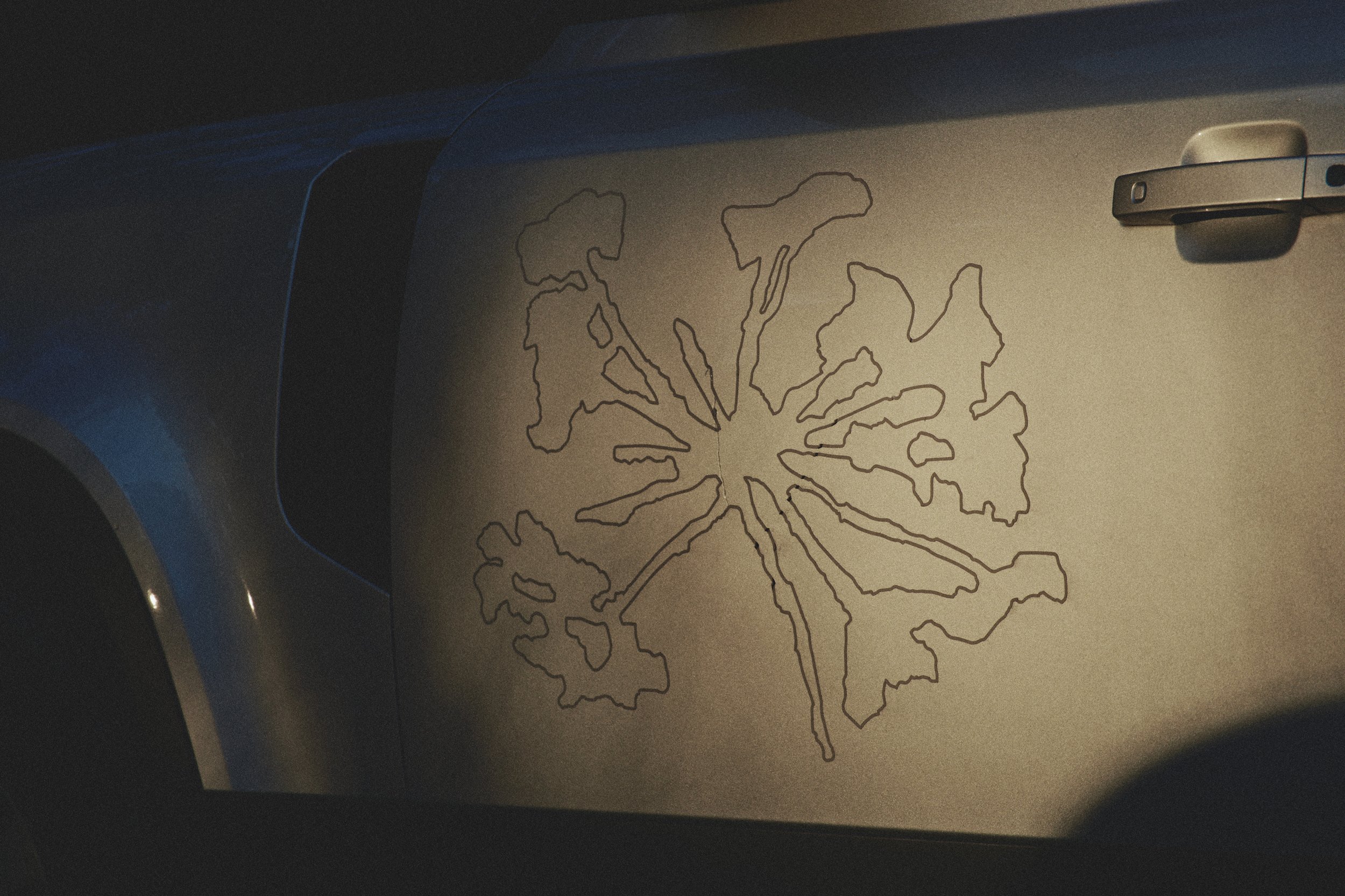 Car door with a line art style leaf-shaped Portal brand logo design etched or painted on it.