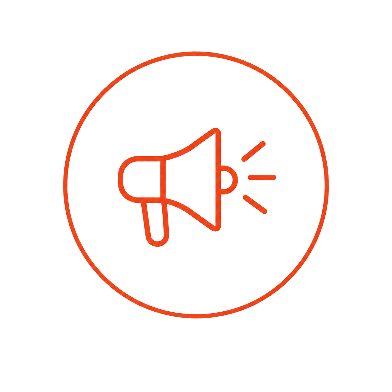 Red outlined icon of a loudspeaker emitting sound waves, enclosed in a red circle.