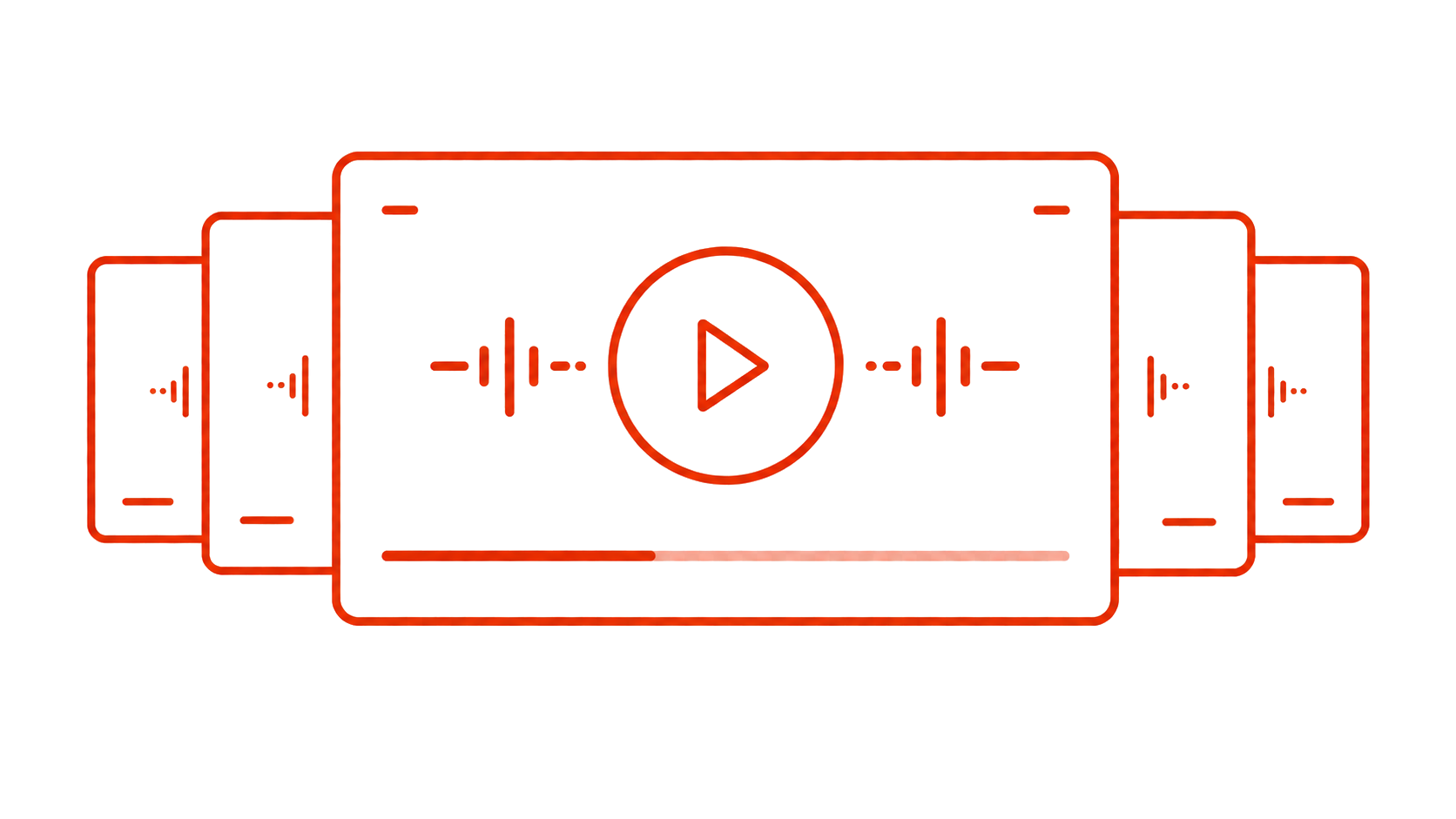 Multiple overlapping digital audio waveforms with a central play button icon, representing media or music playback.