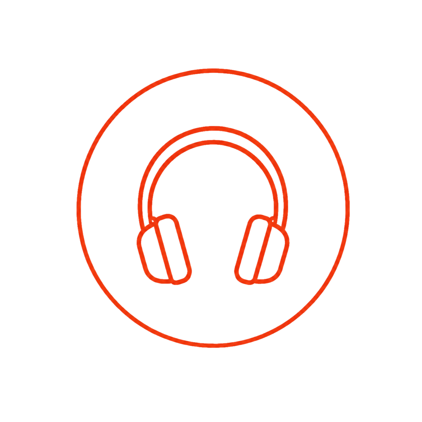 Icon of headphones inside a circle with a red border, set against a black background.