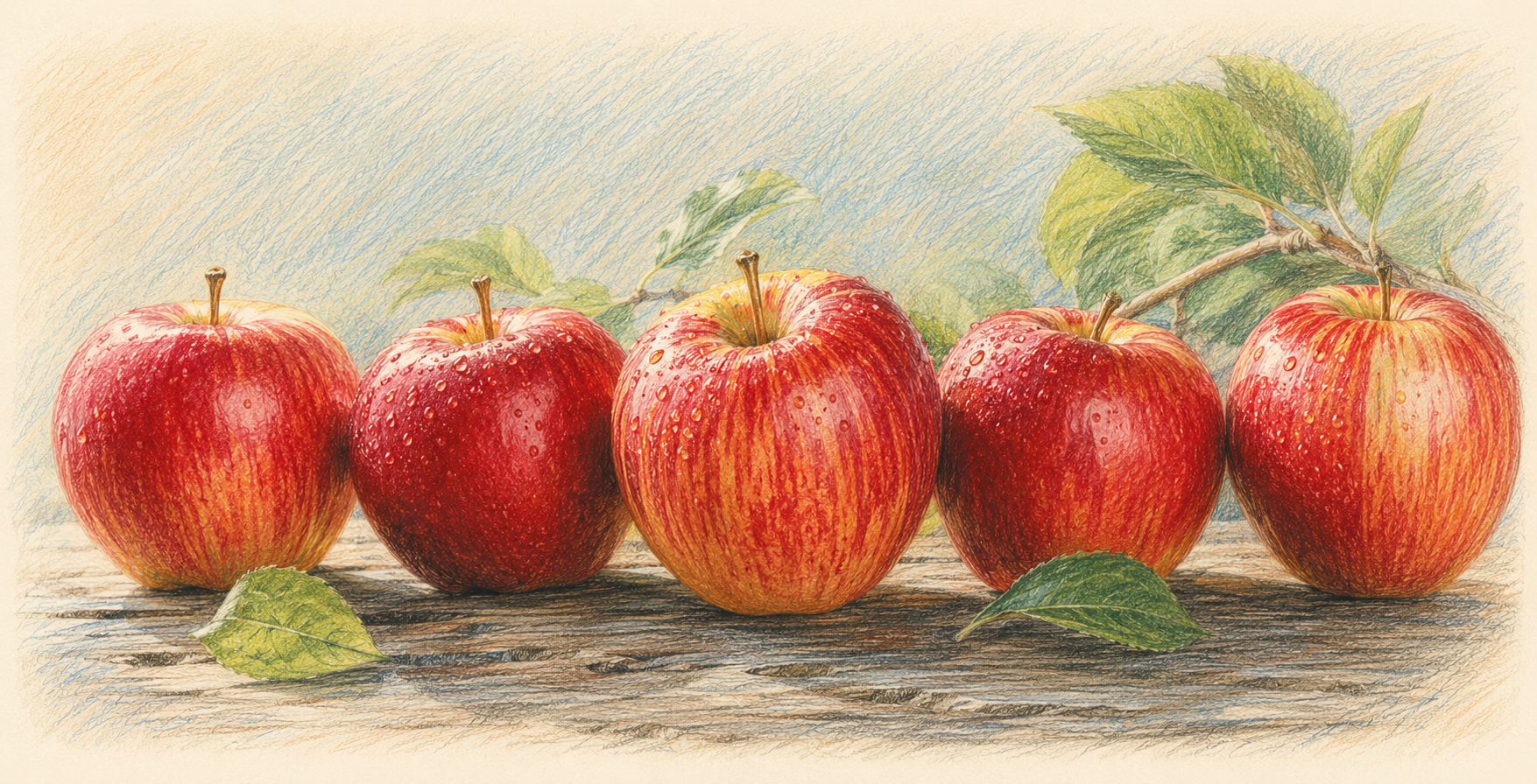 Illustration of five red apples with leaves on a wooden surface.