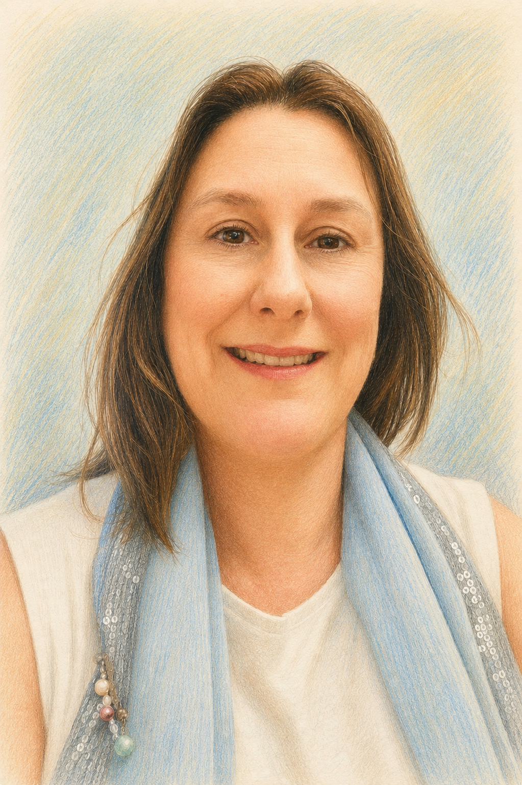 A woman with shoulder-length brown hair, smiling, wearing a light-colored top and a blue scarf with pearl accents, standing against a textured light background.