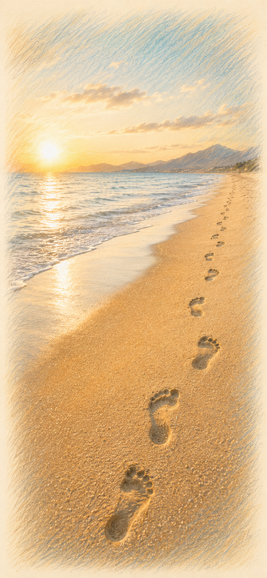 Footprints in the sand along a beach at sunset with mountains in the background.