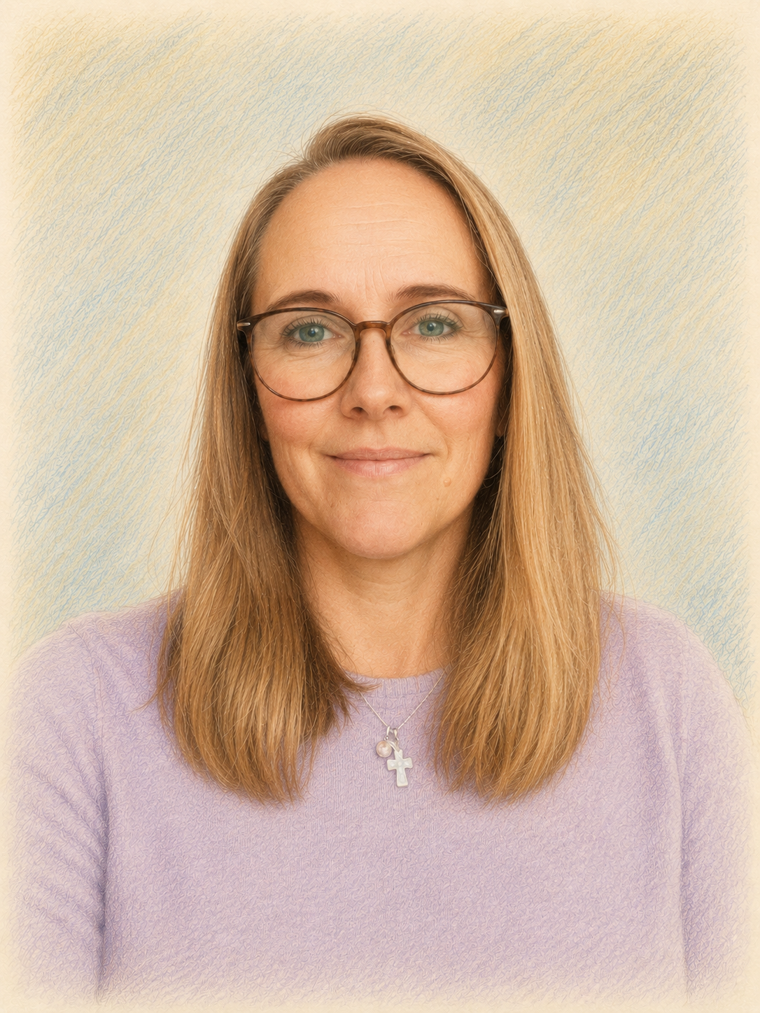 A woman with long light brown hair, wearing glasses and a lavender top, smiling at the camera against a textured beige background.