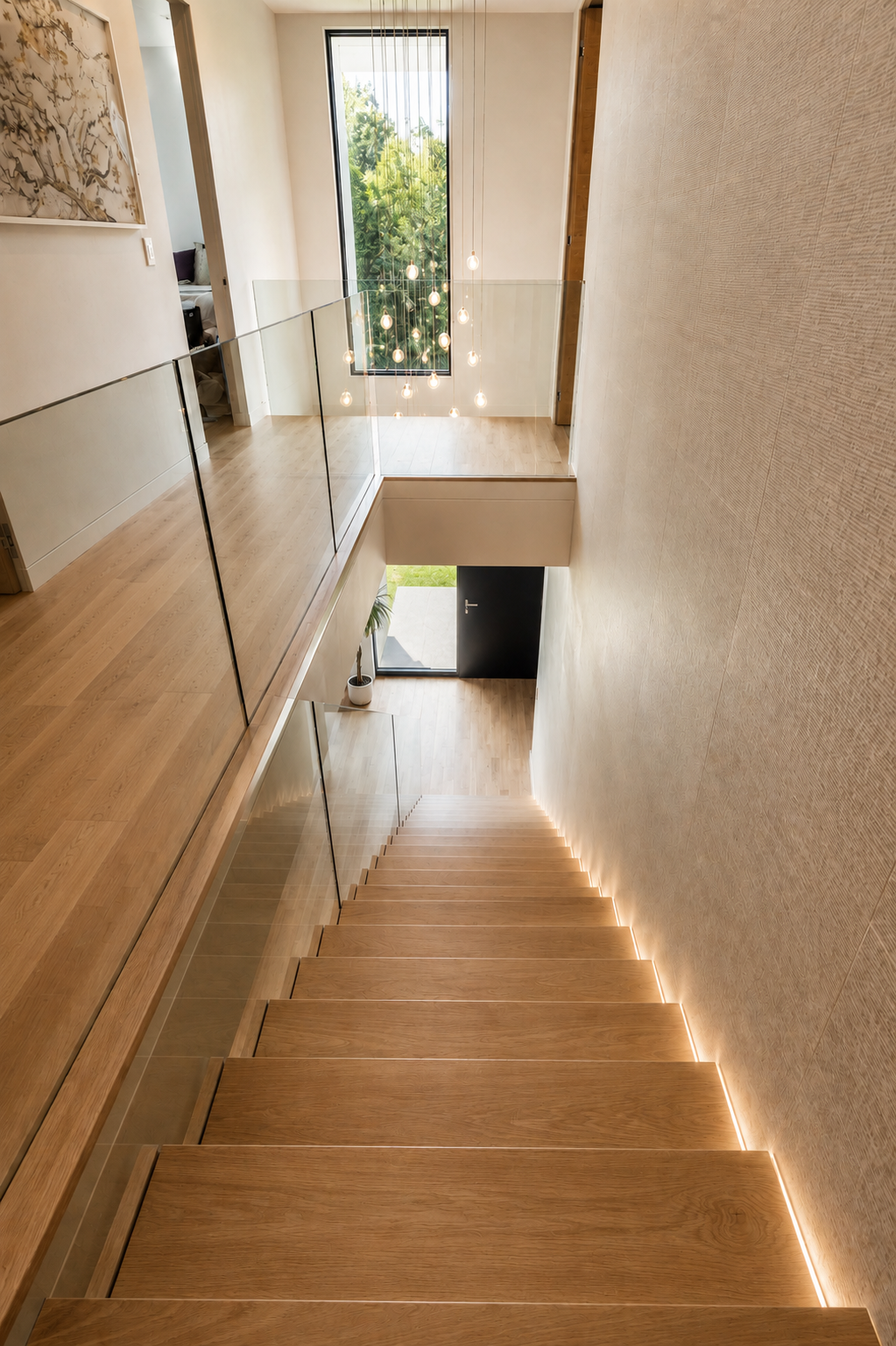 Interior view of a modern staircase leading to a bright living space with a large window, hanging lights, and a small potted plant at the bottom.