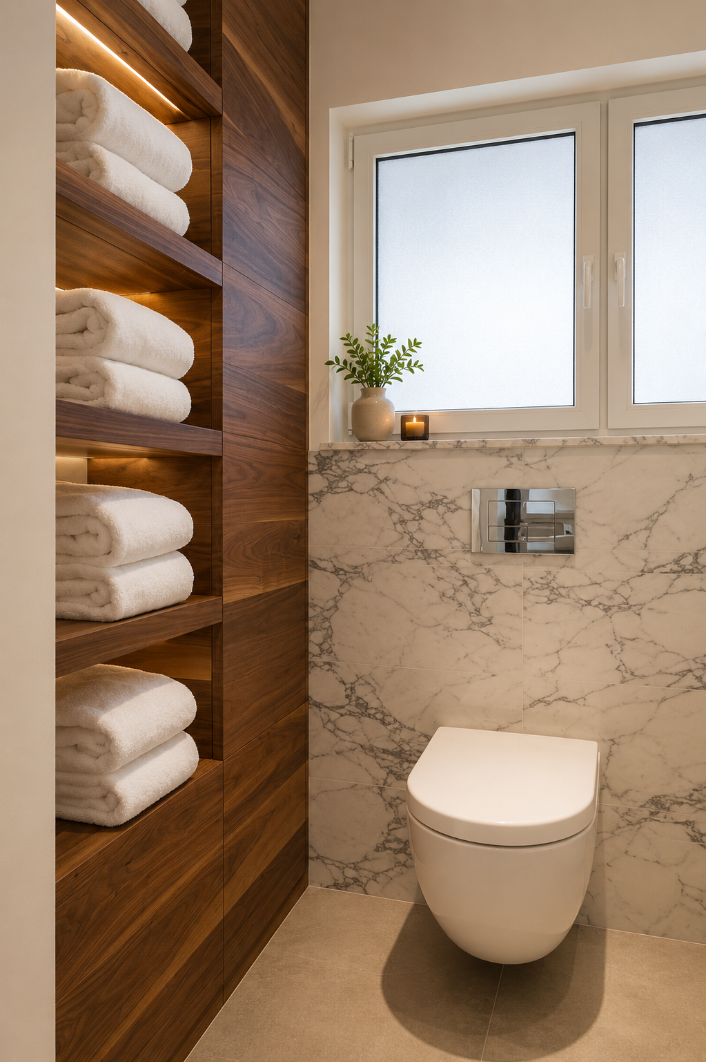 Bathroom with a wall-mounted toilet, marble wall, window with frosted glass, wooden shelves with folded white towels, a small potted plant, and a lit candle.