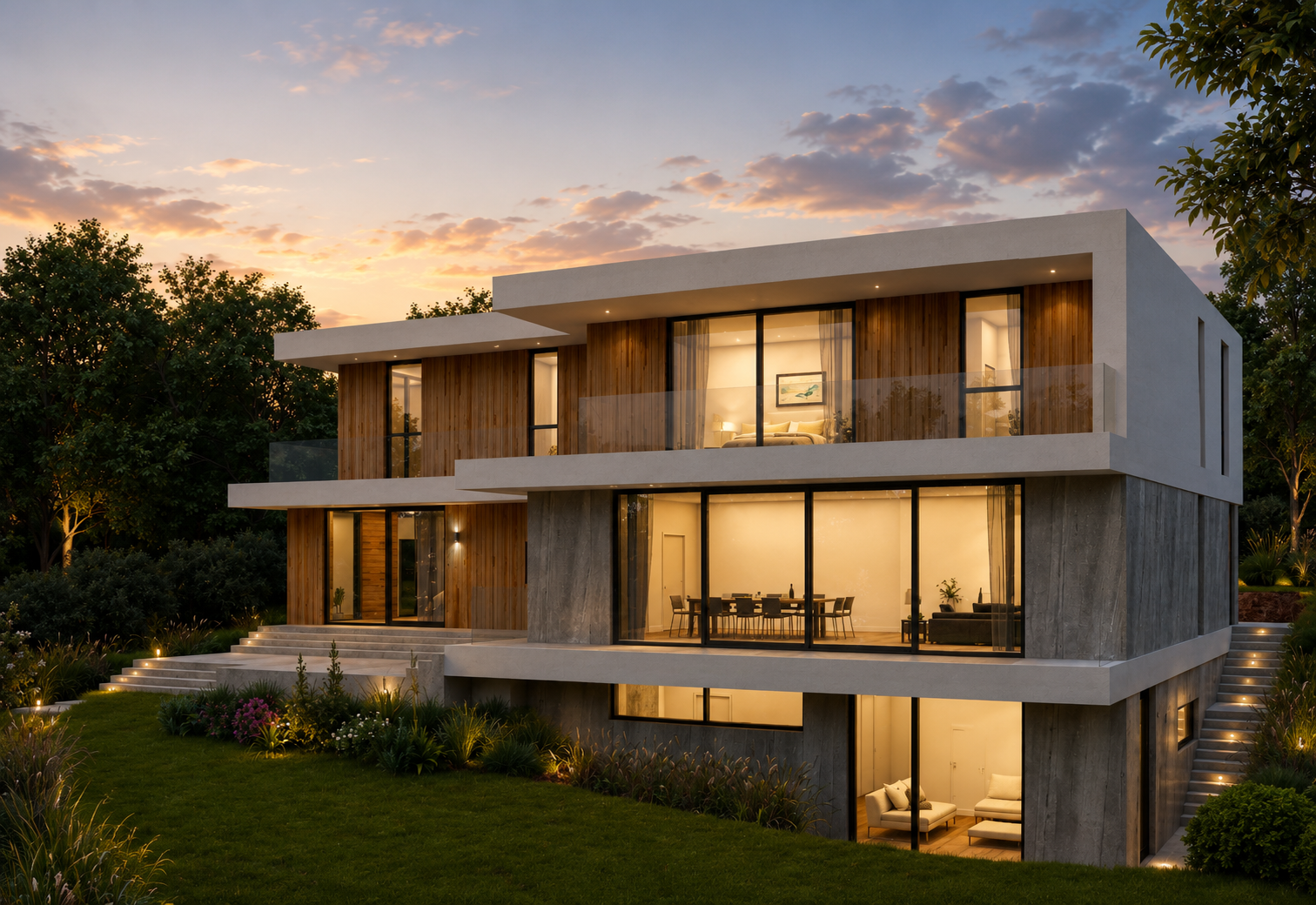 Modern multi-story house with large glass windows and wooden accents, illuminated from inside during sunset, surrounded by green landscaping.