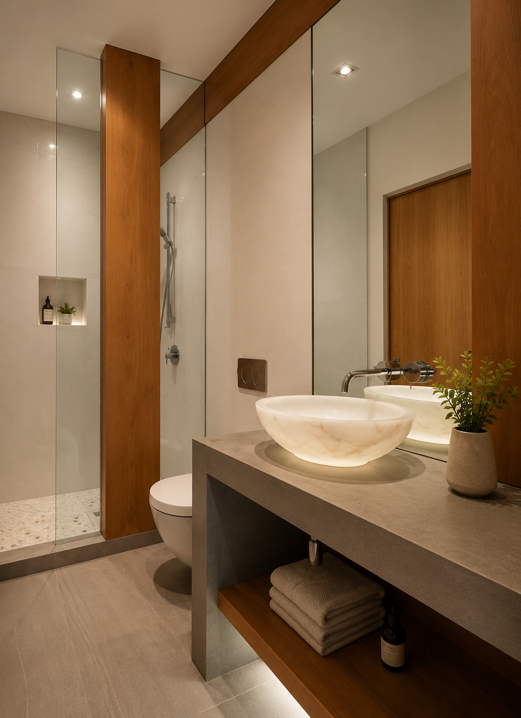 Modern bathroom with a vessel sink, a large mirror, potted plant, and a walk-in shower with a niche.