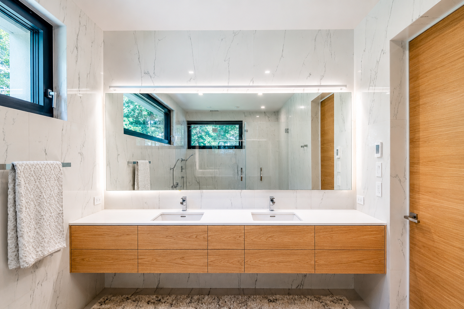 Modern bathroom with double vanity, large mirror, marble walls, two small windows, wooden cabinet, and a glass shower in the background.