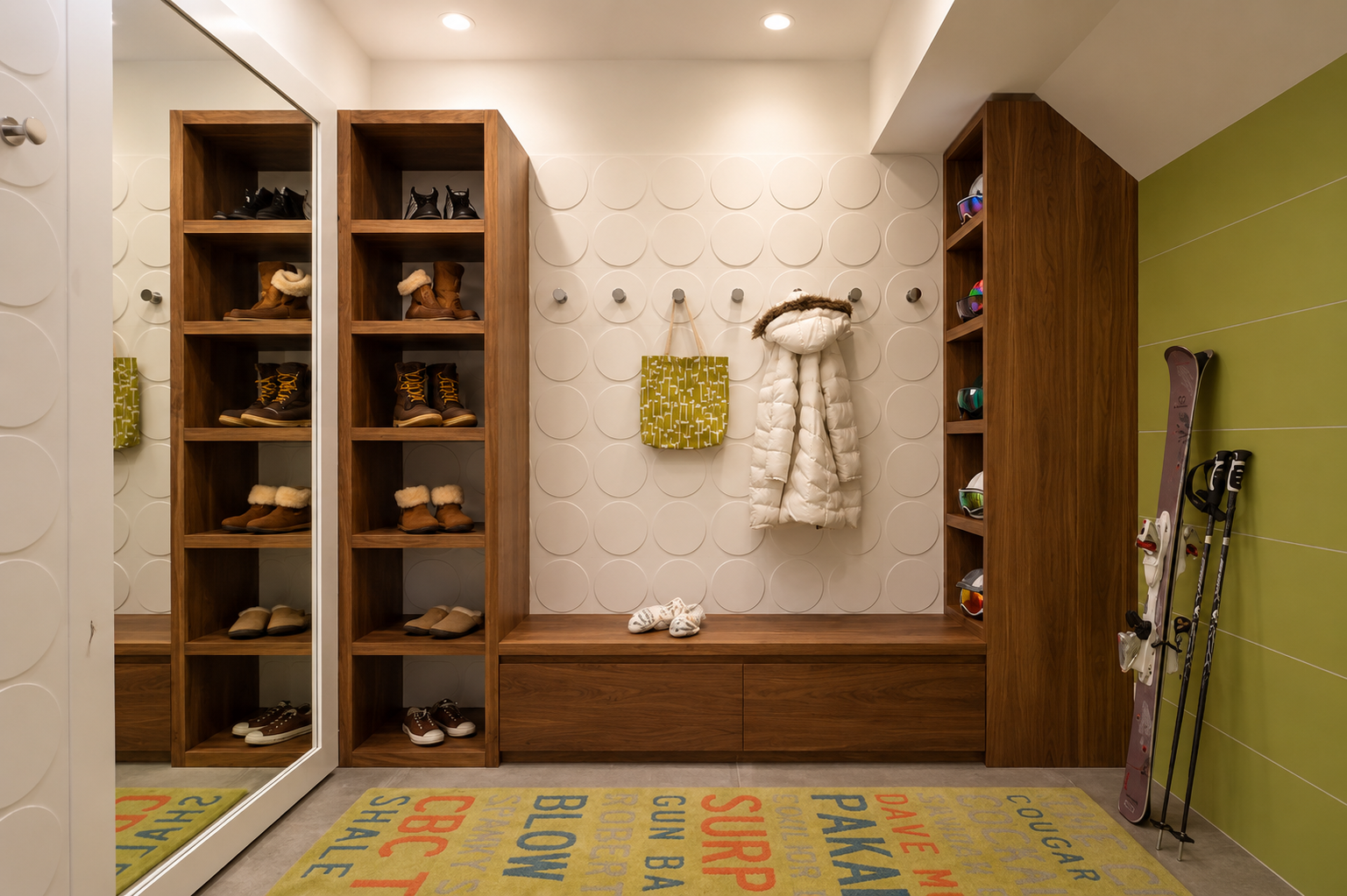 Shoe storage area with wooden shelves filled with various winter shoes and boots, hanging coat, and shoes on the bench. Ski equipment leaning against a green wall, colorful mat with alphabet and words on the floor.